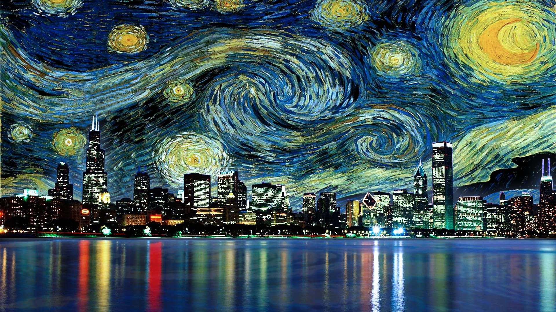 Notte Stellata città stile Van Gogh, 1920x1080 1080p, PC Desktop