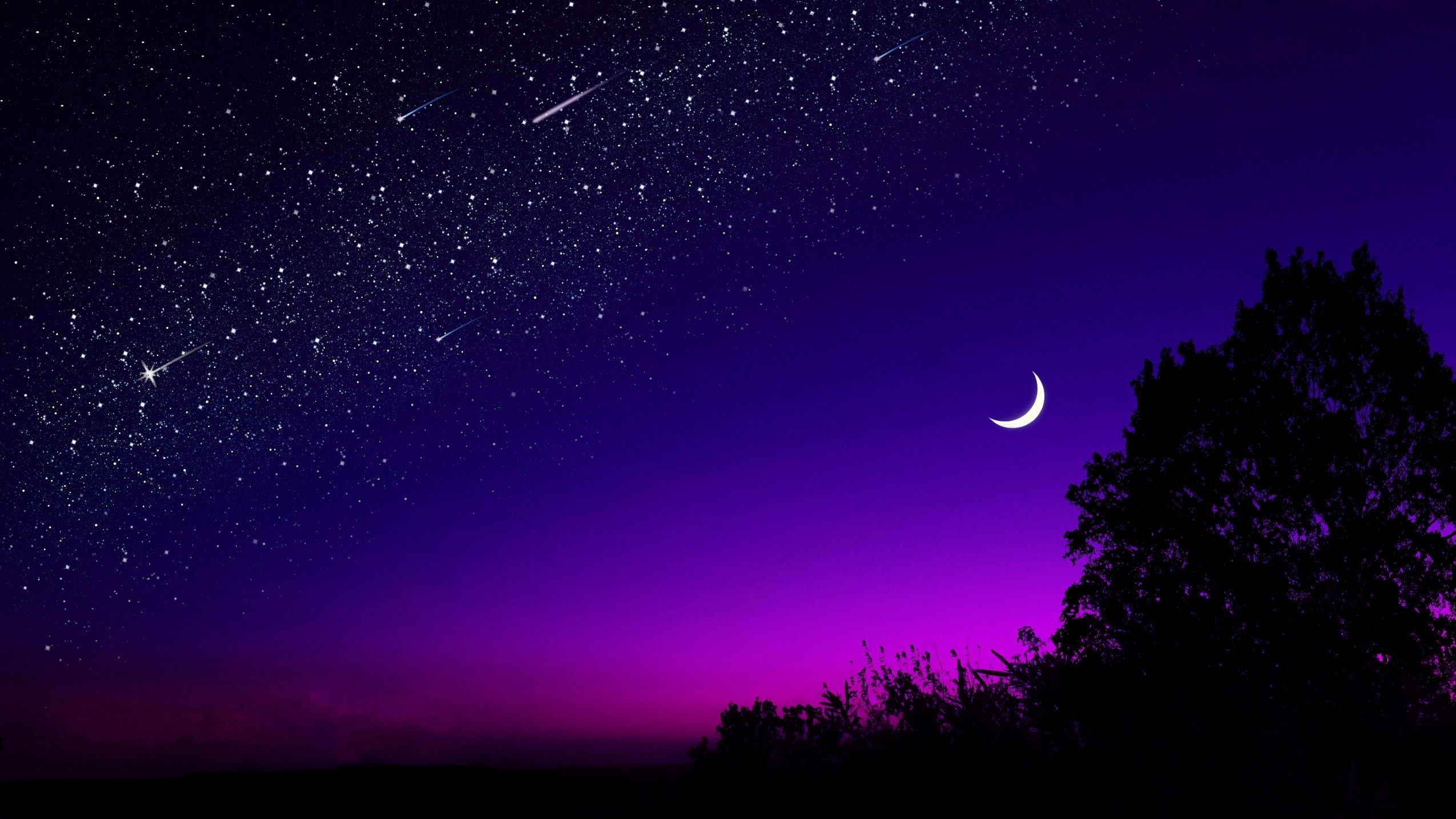 Luna crescente cielo viola stellato, 2550x1434 Hi-Res, Desktop