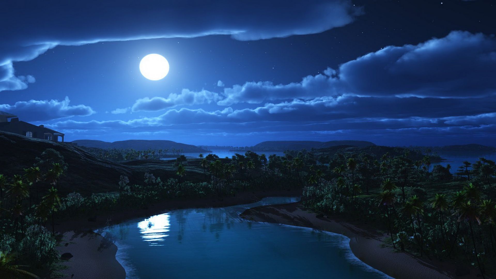 Luna piena su laguna notturna, 1920x1080 Full HD 1080p, Desktop