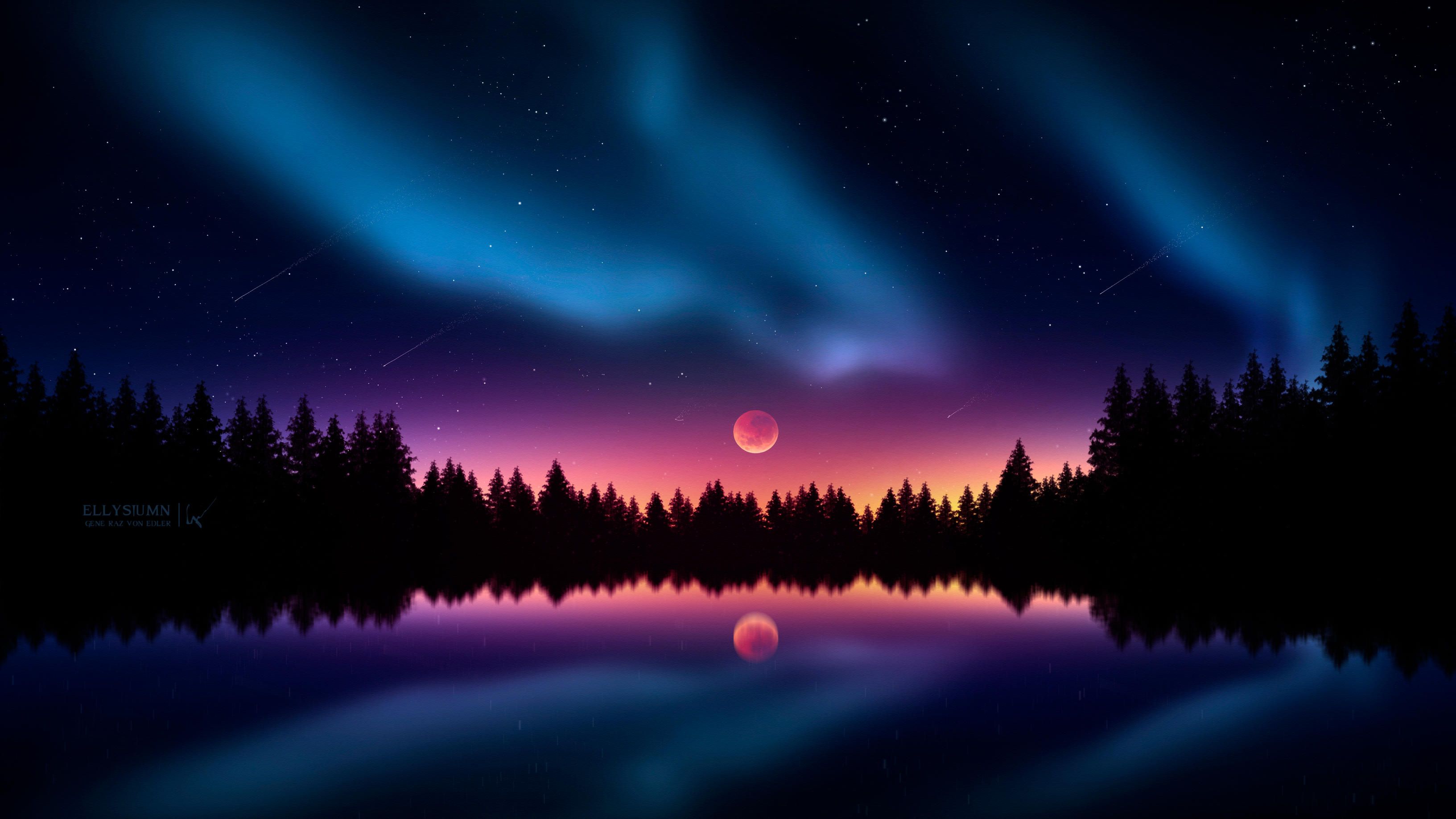 Aurora boreale notturna con luna, 3265x1837 2K+, Desktop