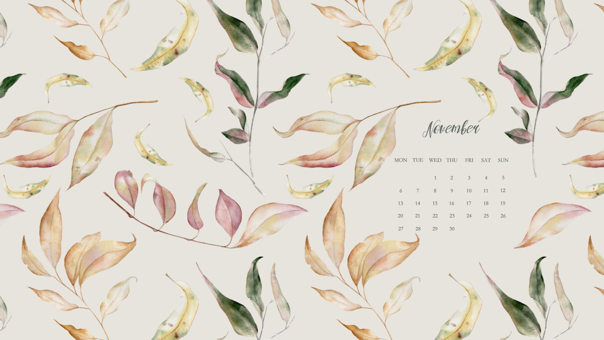 Foglie autunnali acquerello calendario, 2560x1440 2K QHD, Monitor Gaming