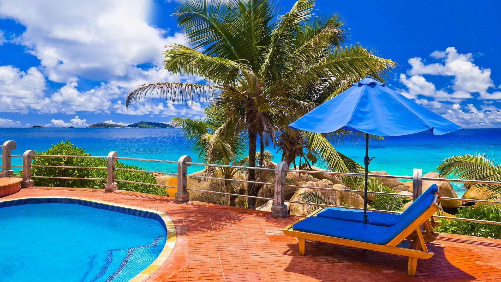 Piscina resort tropicale con palme, 1920x1080 Full HD, PC