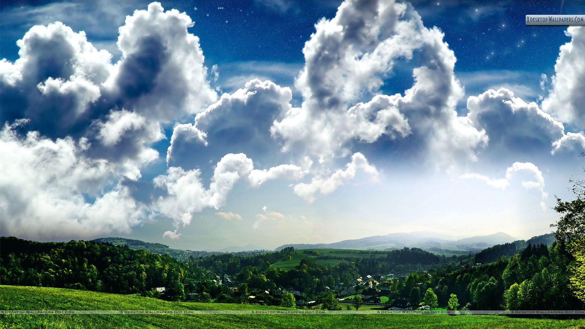 Nuvole sopra villaggio verde, 1920x1080 Full HD, Laptop