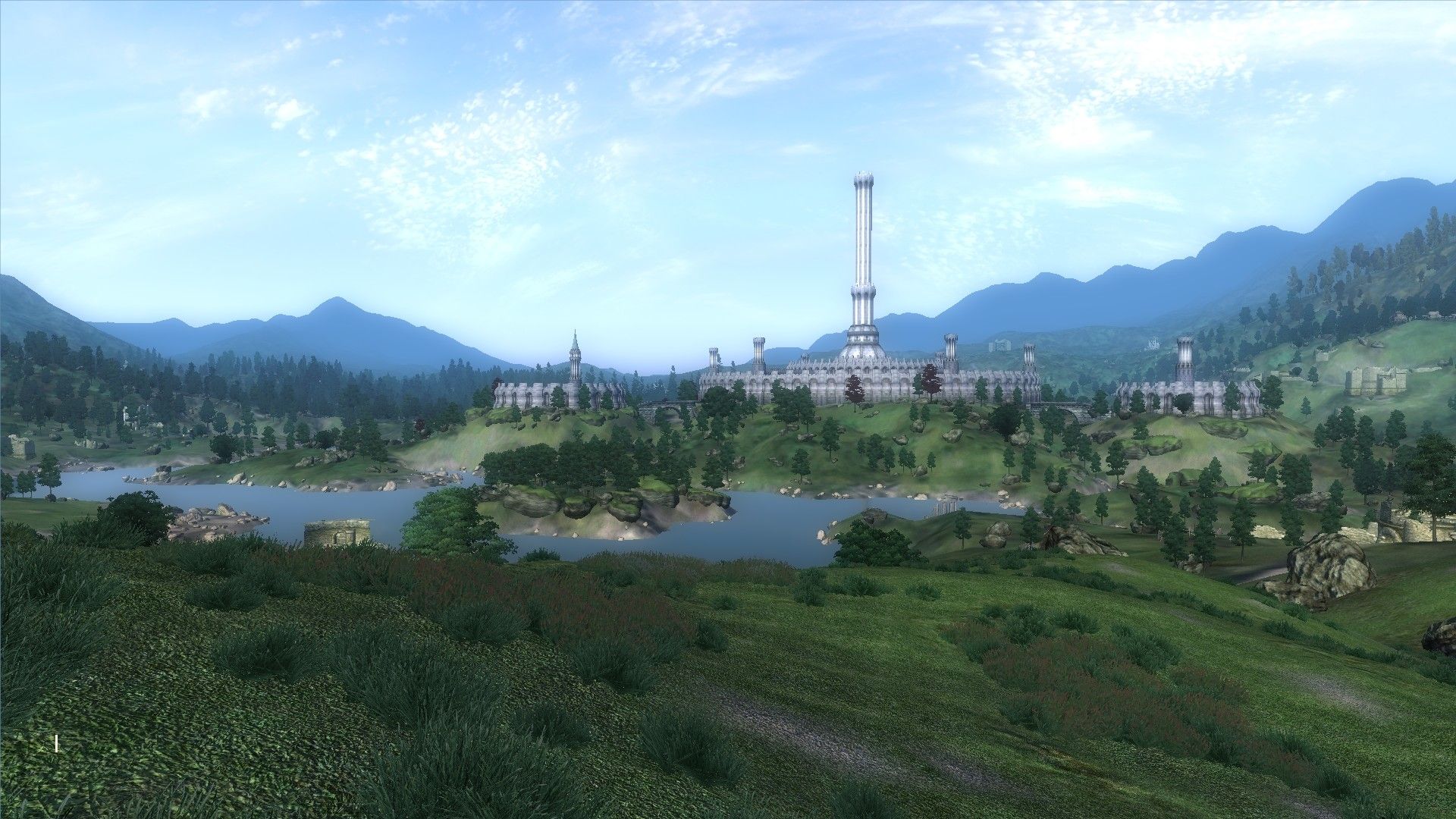 Paesaggio fantasy con torre e lago, 1920x1080 Full HD, Desktop