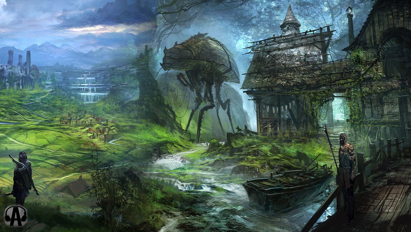 Paesaggio fantasy con creatura gigante, 1360x768 720p, PC