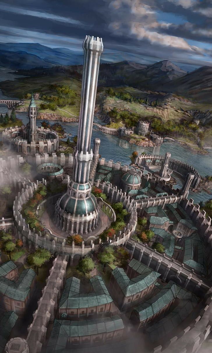 città fantasy con torre centrale, 728x1213 Verticale, Mobile