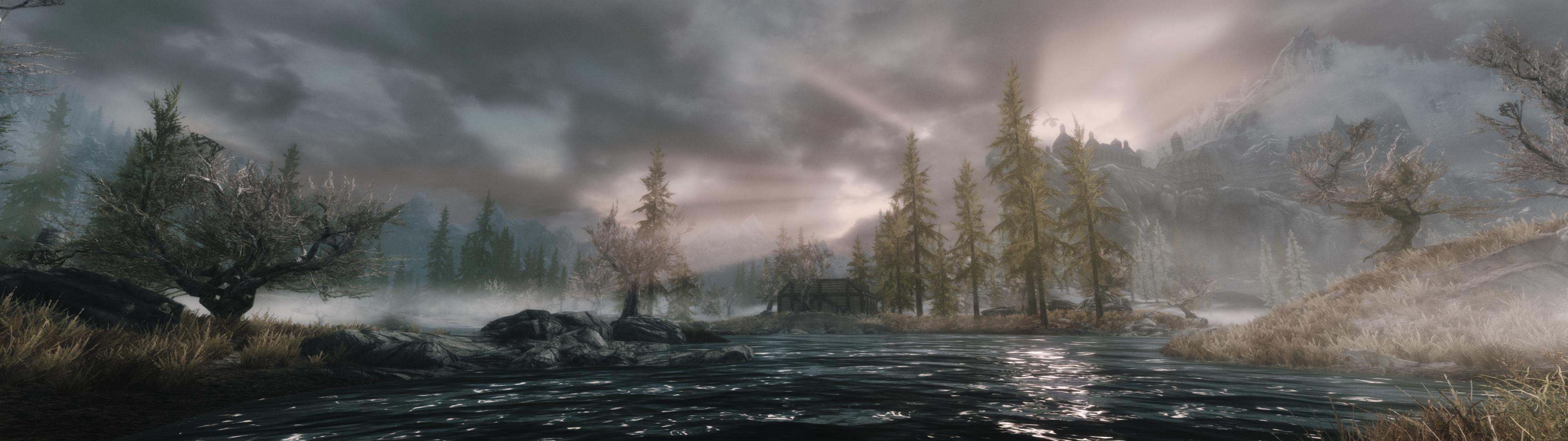 Skyrim paesaggio fiume nebbioso, RPG, 3840x1080 21:9, Ultrawide
