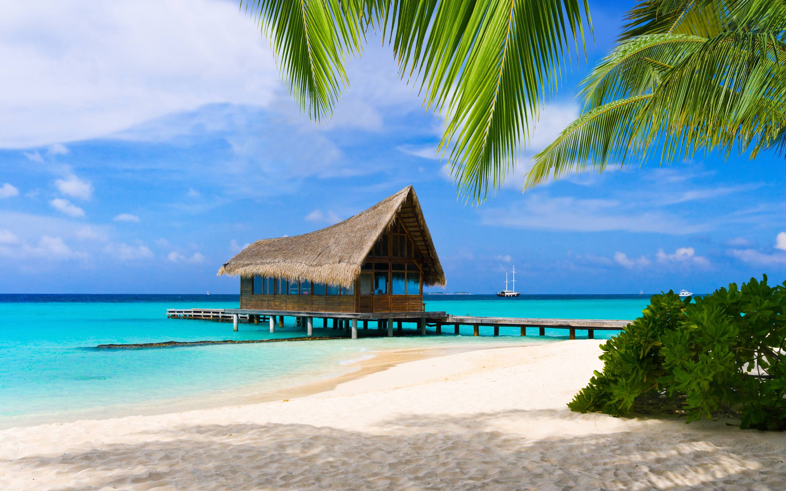 Bungalow tropicale su palafitte, oceano, 2560x1600 WQXGA, Monitor Gaming