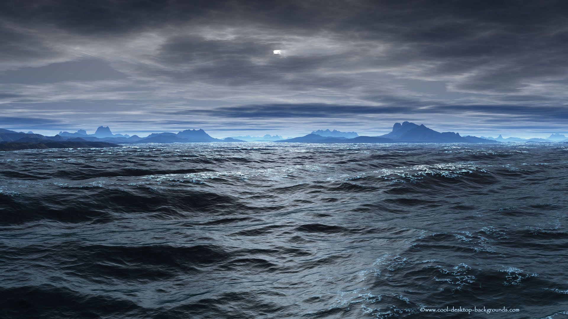 Oceano scuro con montagne lontane, 1920x1080 Full HD, PC