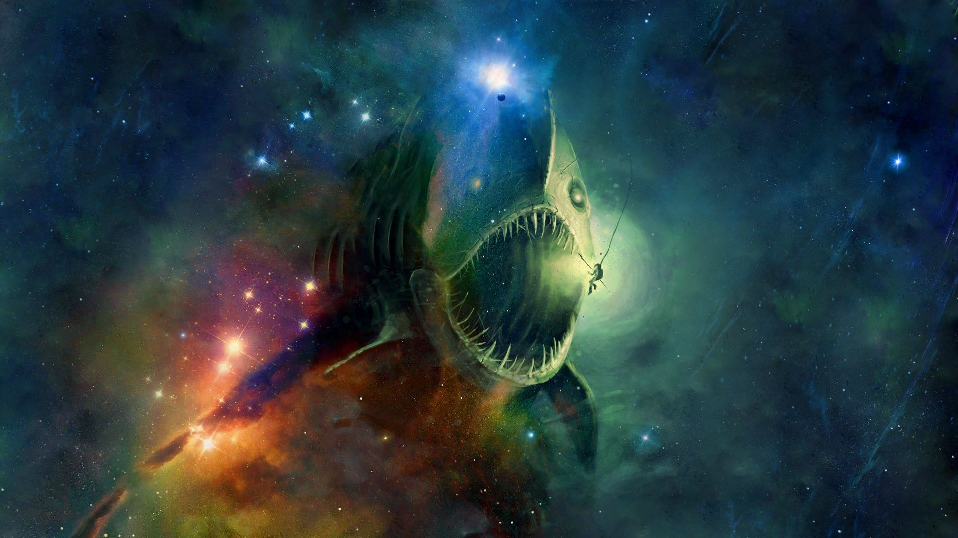 squalo fantasy tra nebulosa spaziale, 1920x1080 Full HD, Desktop