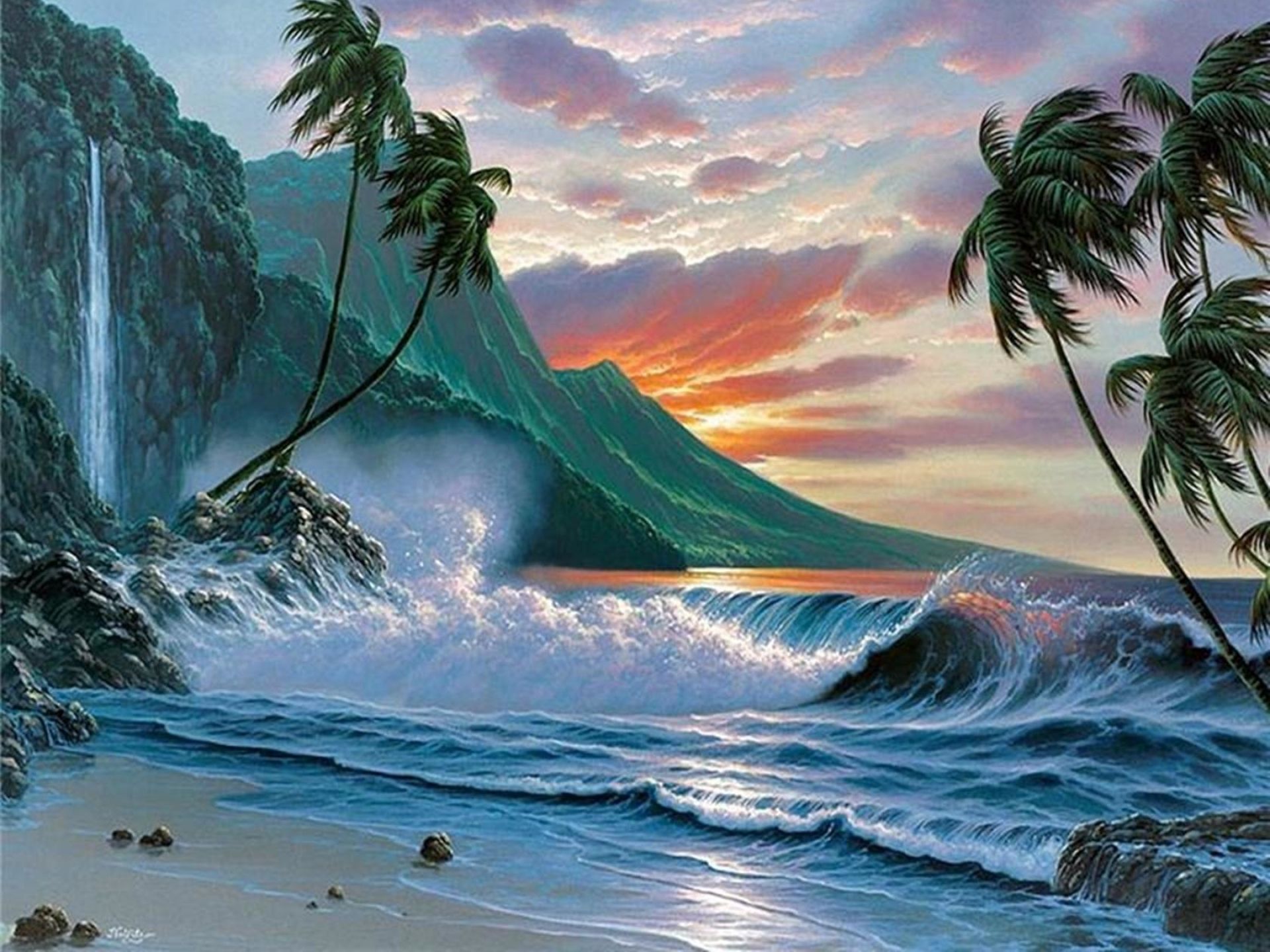 Onde oceano tramonto palme, 1920x1440 Full HD+, Desktop