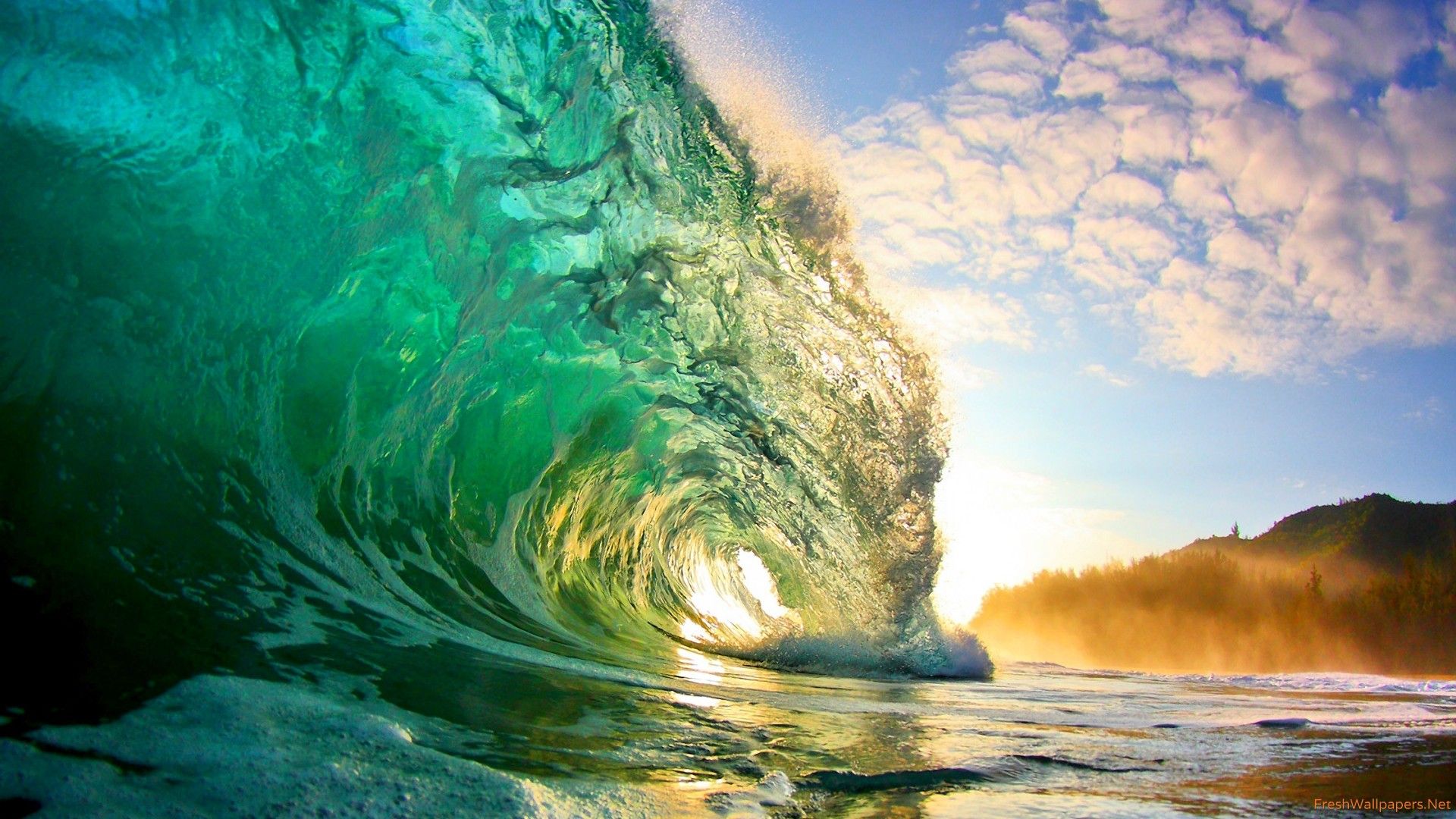 Onda oceanica verde al tramonto, 1920x1080 1080p, Desktop