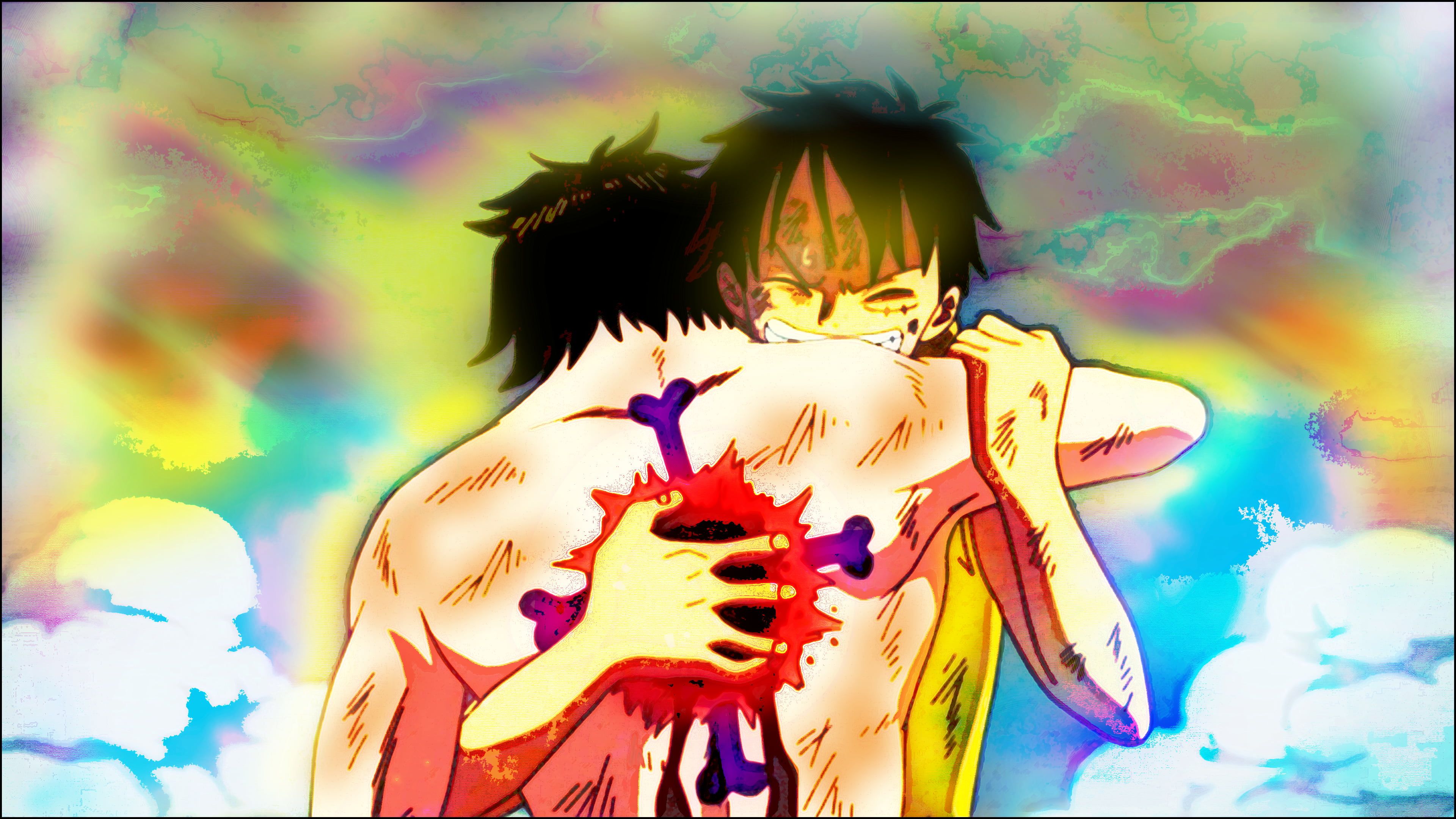 Ace abbraccia Luffy, One Piece, pirata di gomma, 3840x2160 4K Ultra HD, Monitor 4K