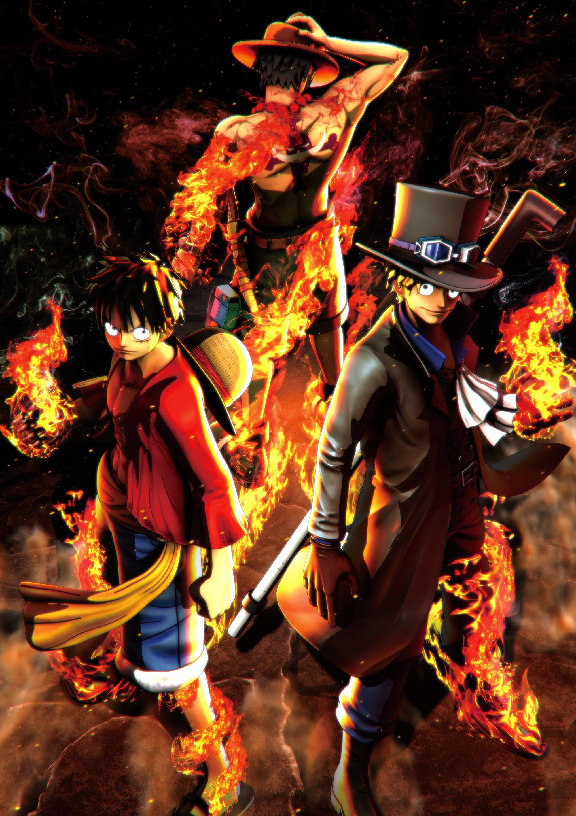 Ace, Luffy e Sabo fiamme, One Piece, 2000x2832 Verticale, Mobile