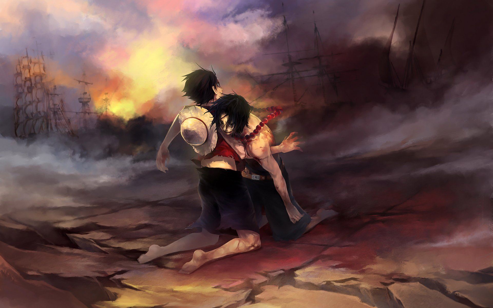 Luffy che regge Ace, One Piece, pirata di gomma, 1920x1200 WUXGA, Laptop