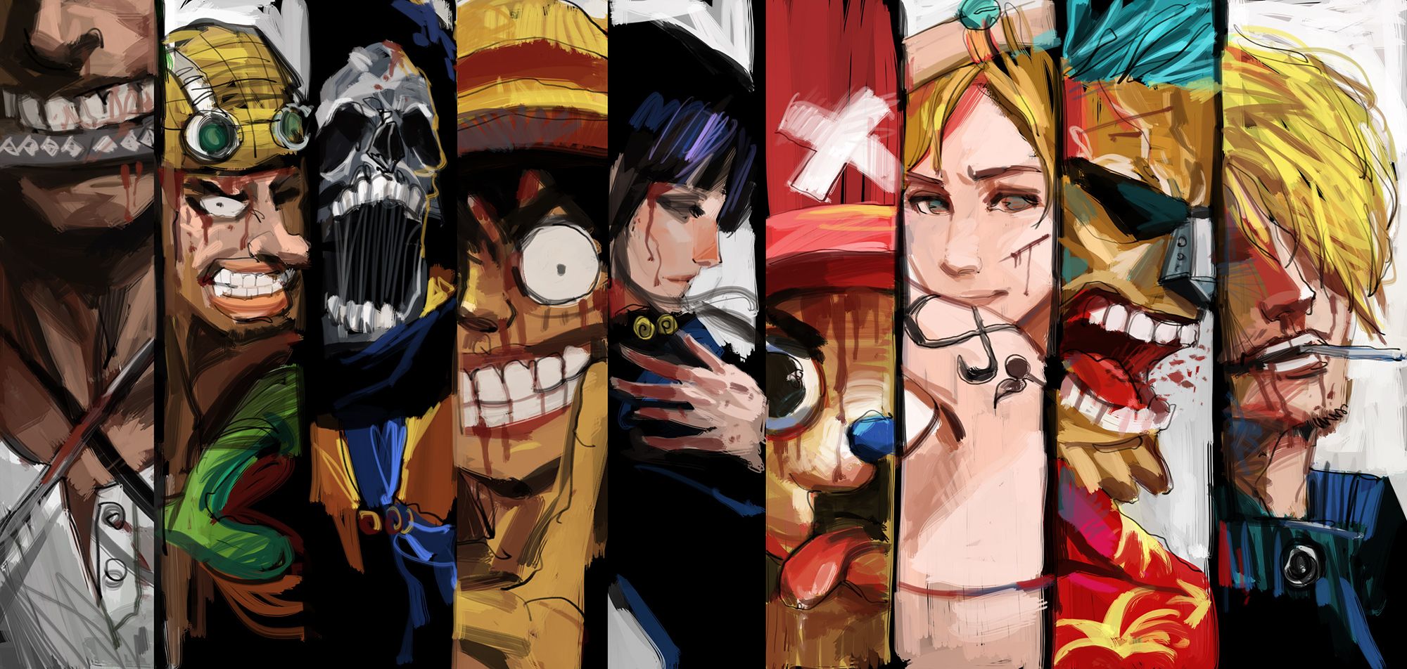 Personaggi One Piece a strisce, 2000x952 alta risoluzione, Desktop
