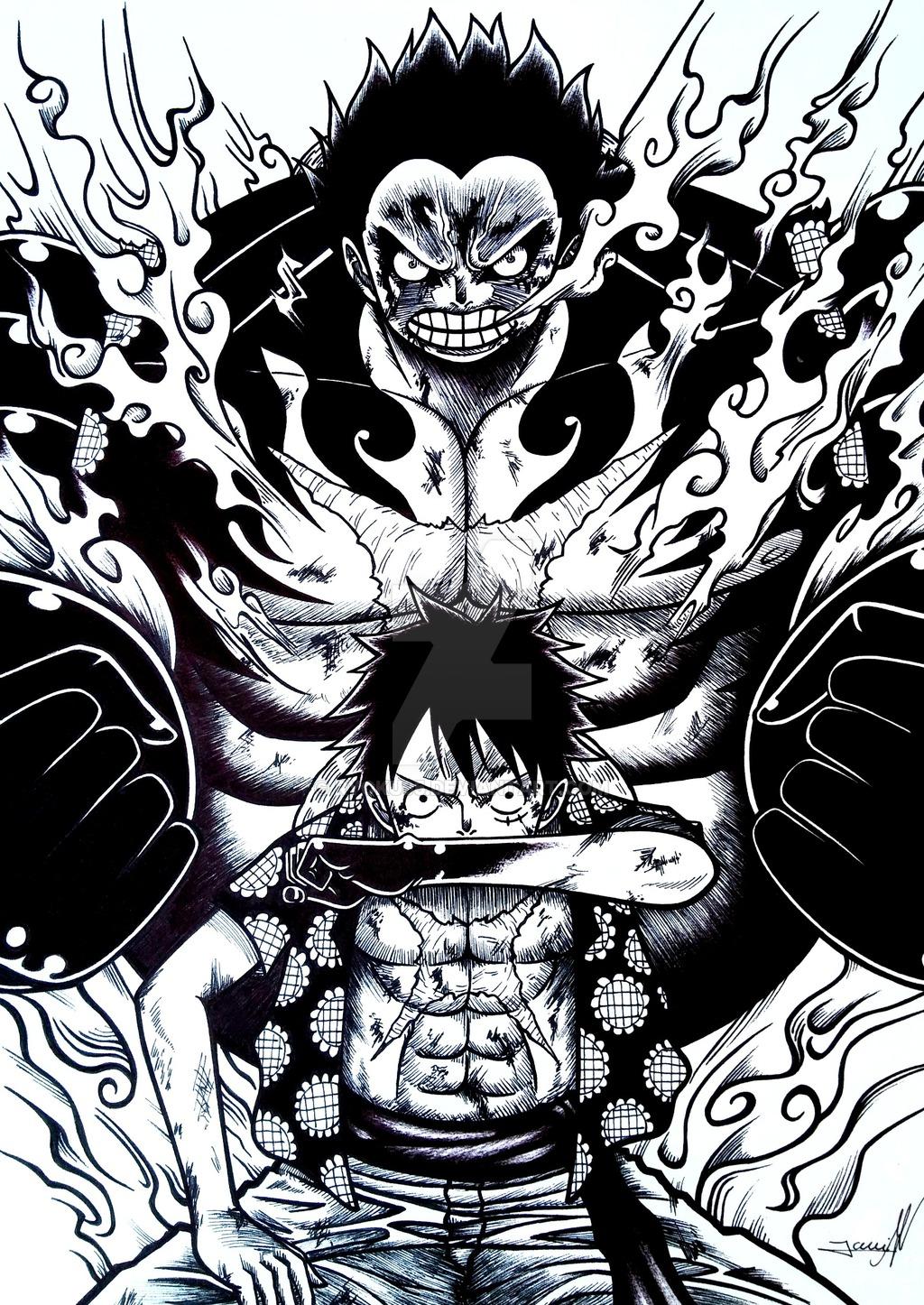 Luffy Gear Fourth bianco e nero, One Piece, 1024x1446 Verticale, Mobile