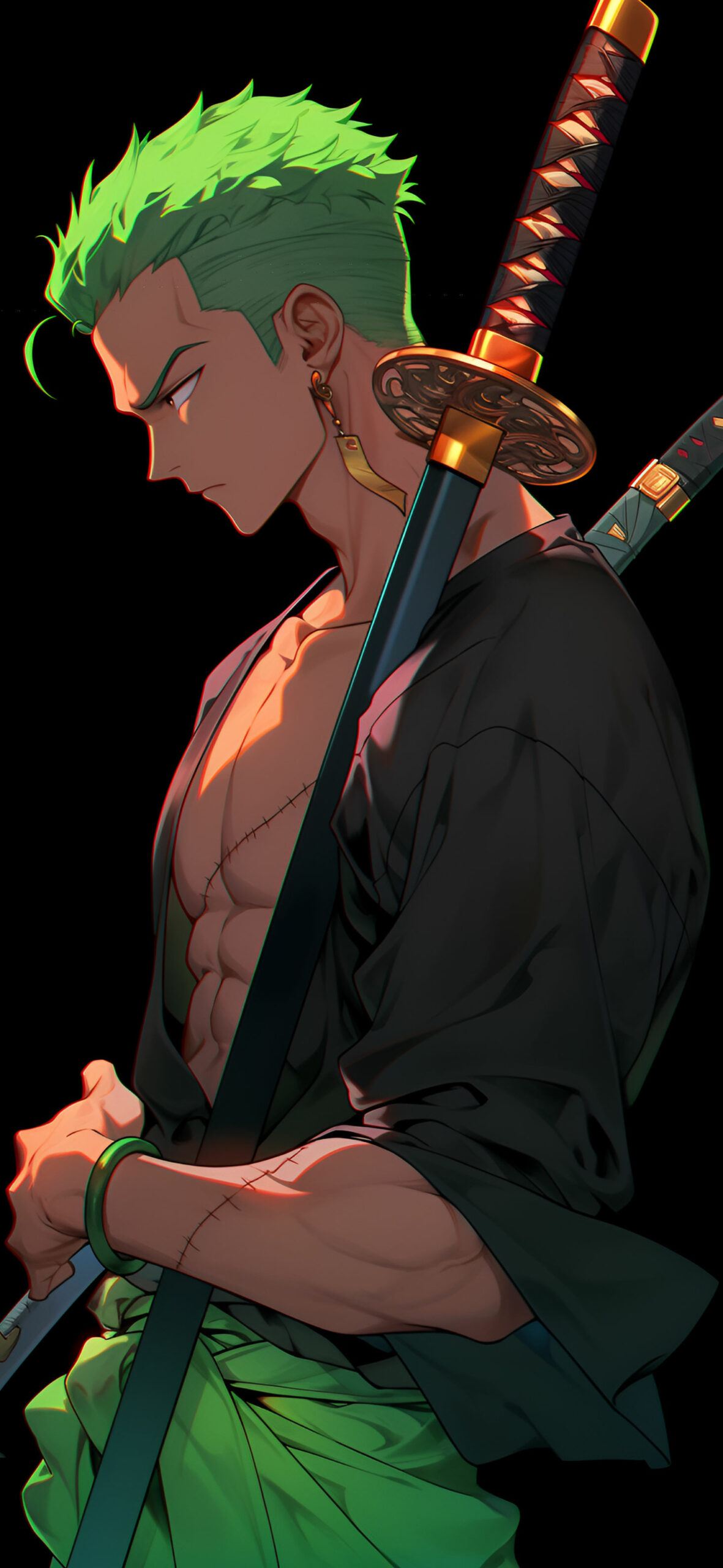 Roronoa Zoro con katane, sfondo nero, One Piece, 1181x2560 Verticale, Telefono