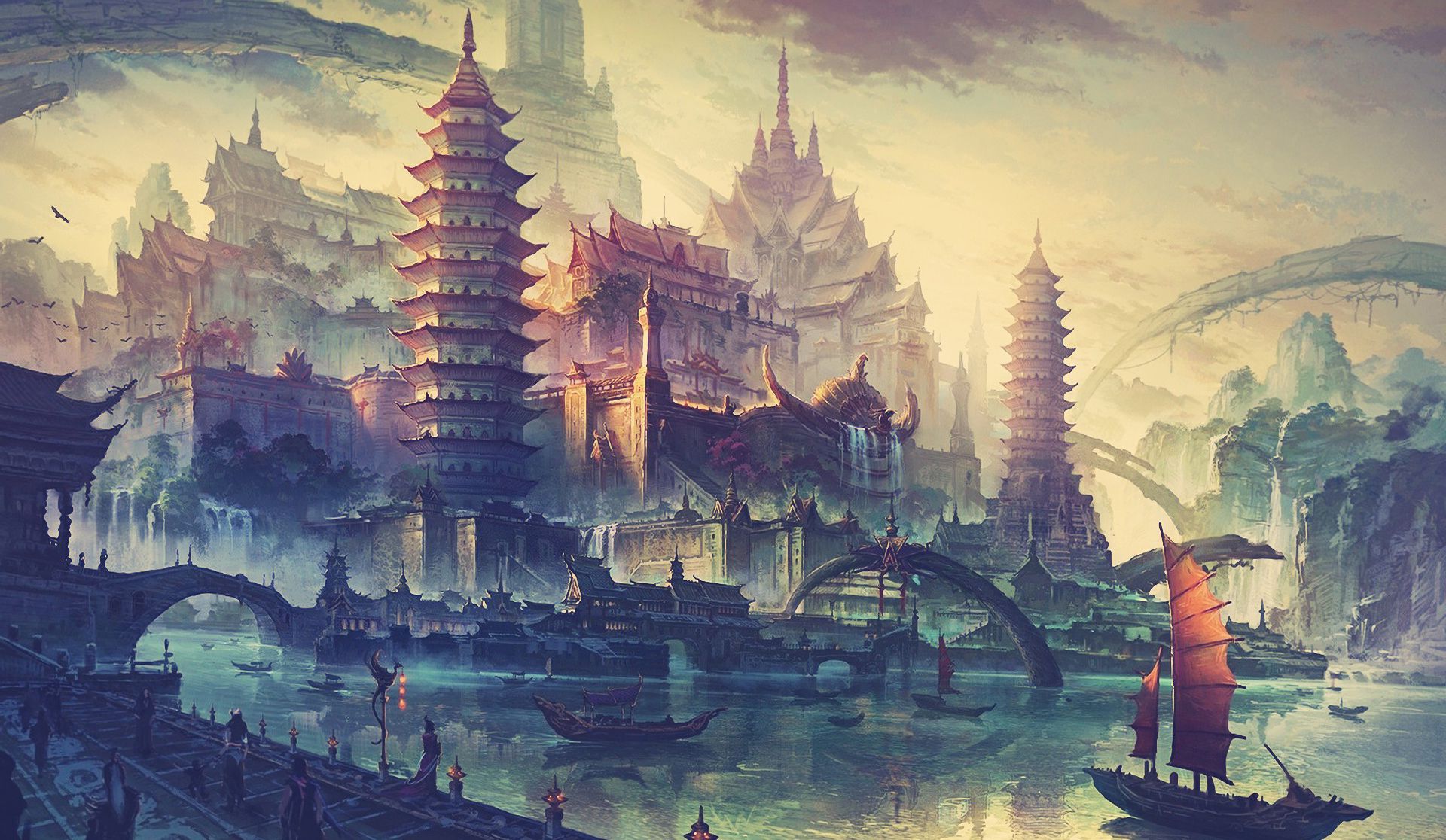 Città asiatica con pagode e canale, 1920x1116 Full HD, Laptop