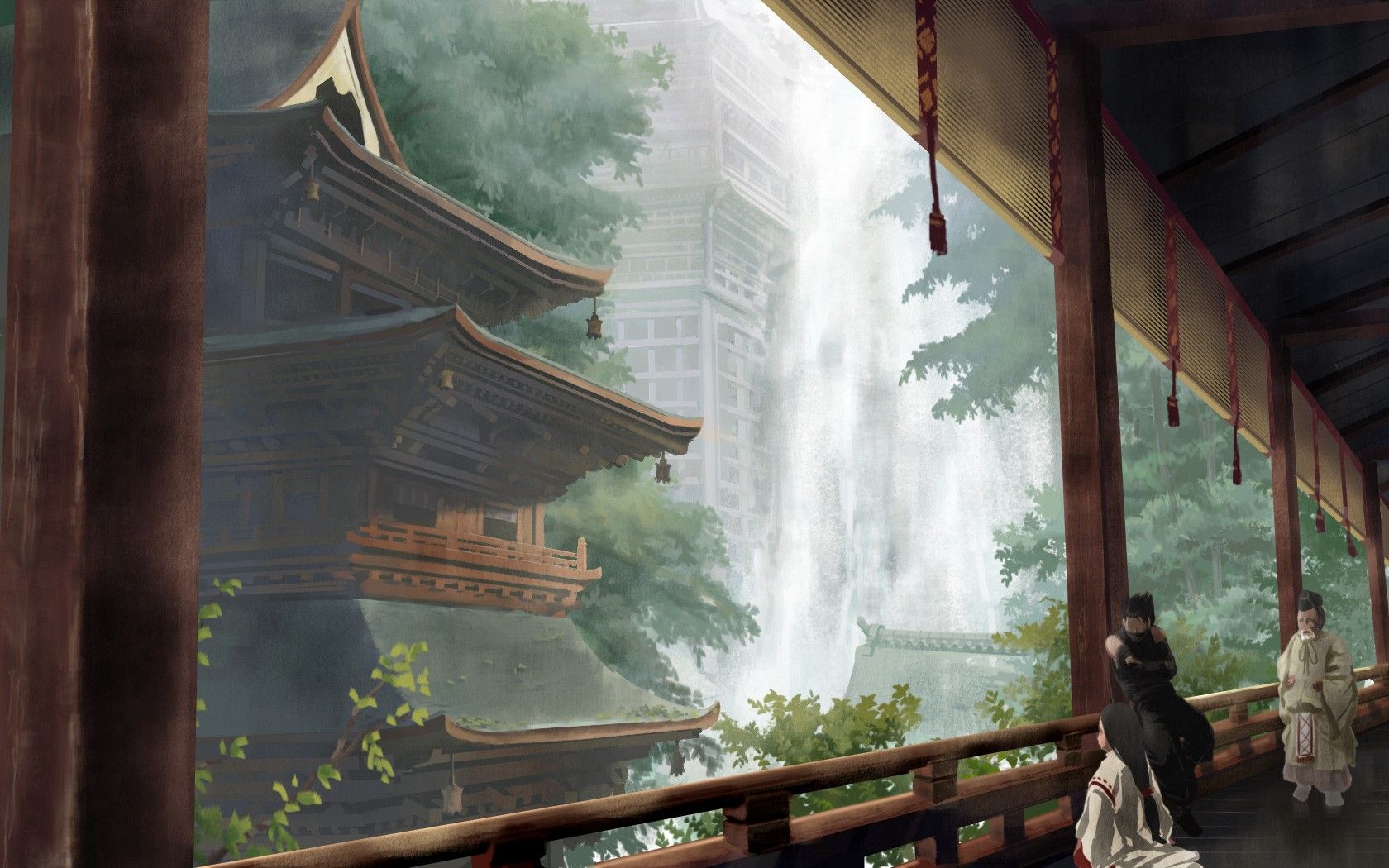 Pagoda giapponese con cascata, 1680x1050 900p, PC
