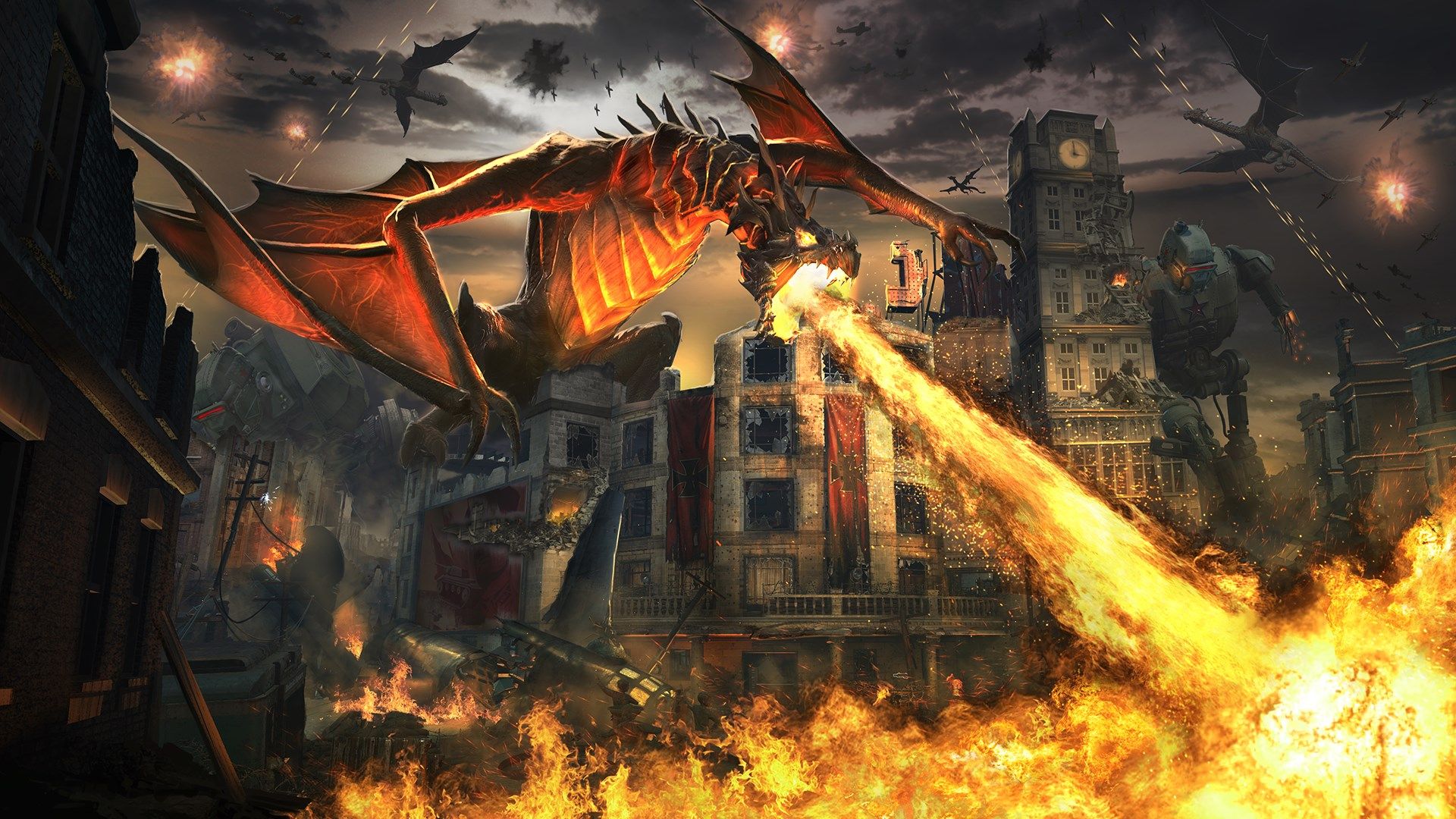 Drago di fuoco città distrutta, 1920x1080 1080p, Desktop