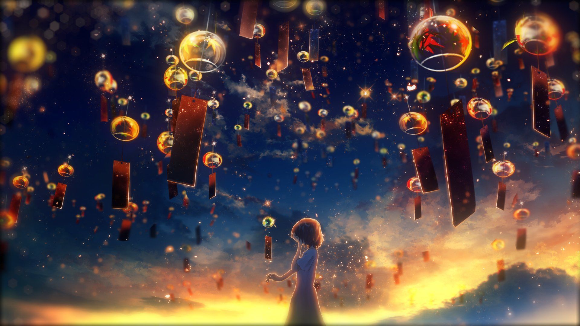 Ragazza anime lanterne dorate cielo, 1920x1080 Full HD, Laptop