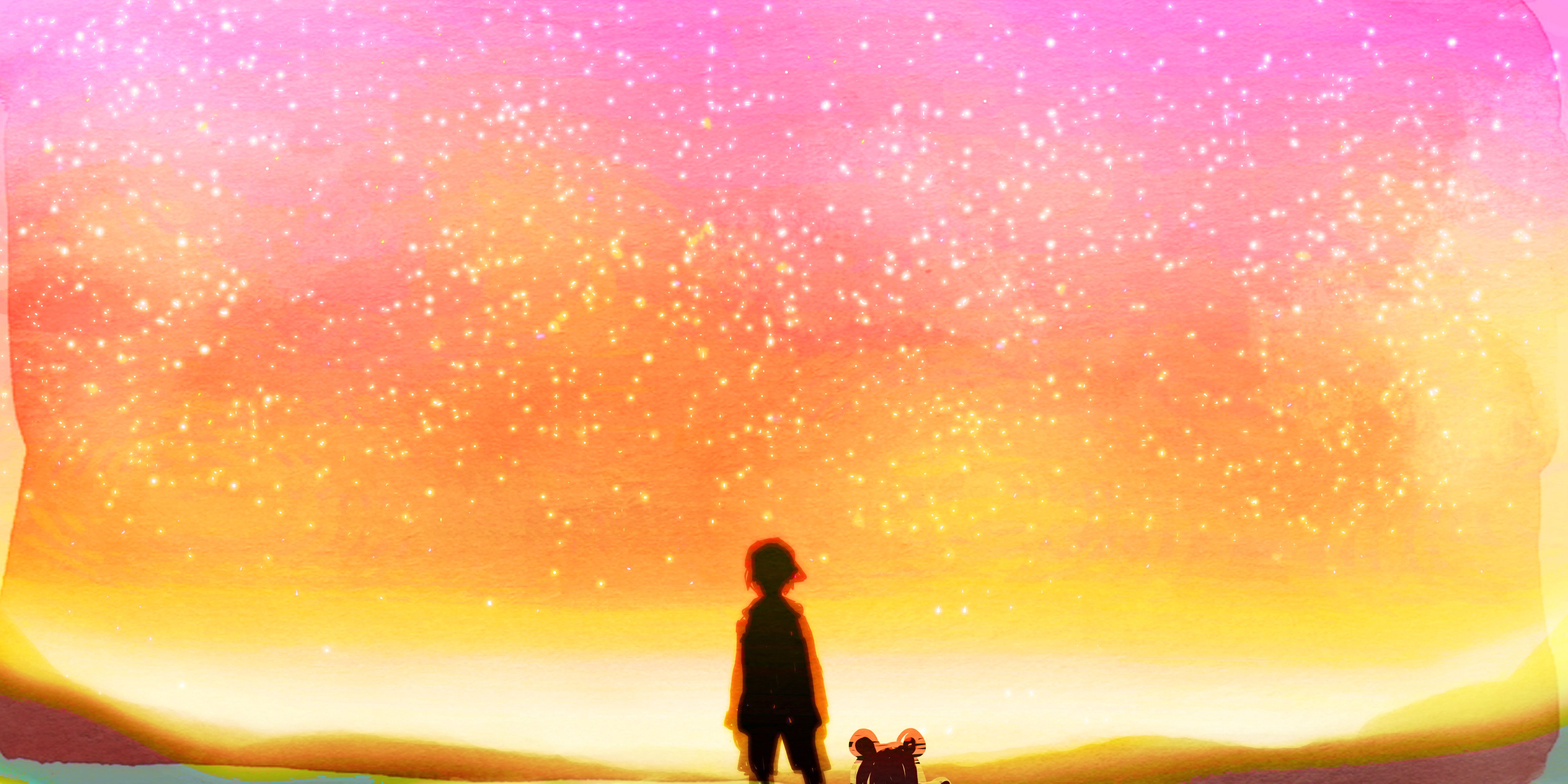 Silhouette bambino e cane, tramonto, 5400x2700 4K Ultra HD, Monitor 4K