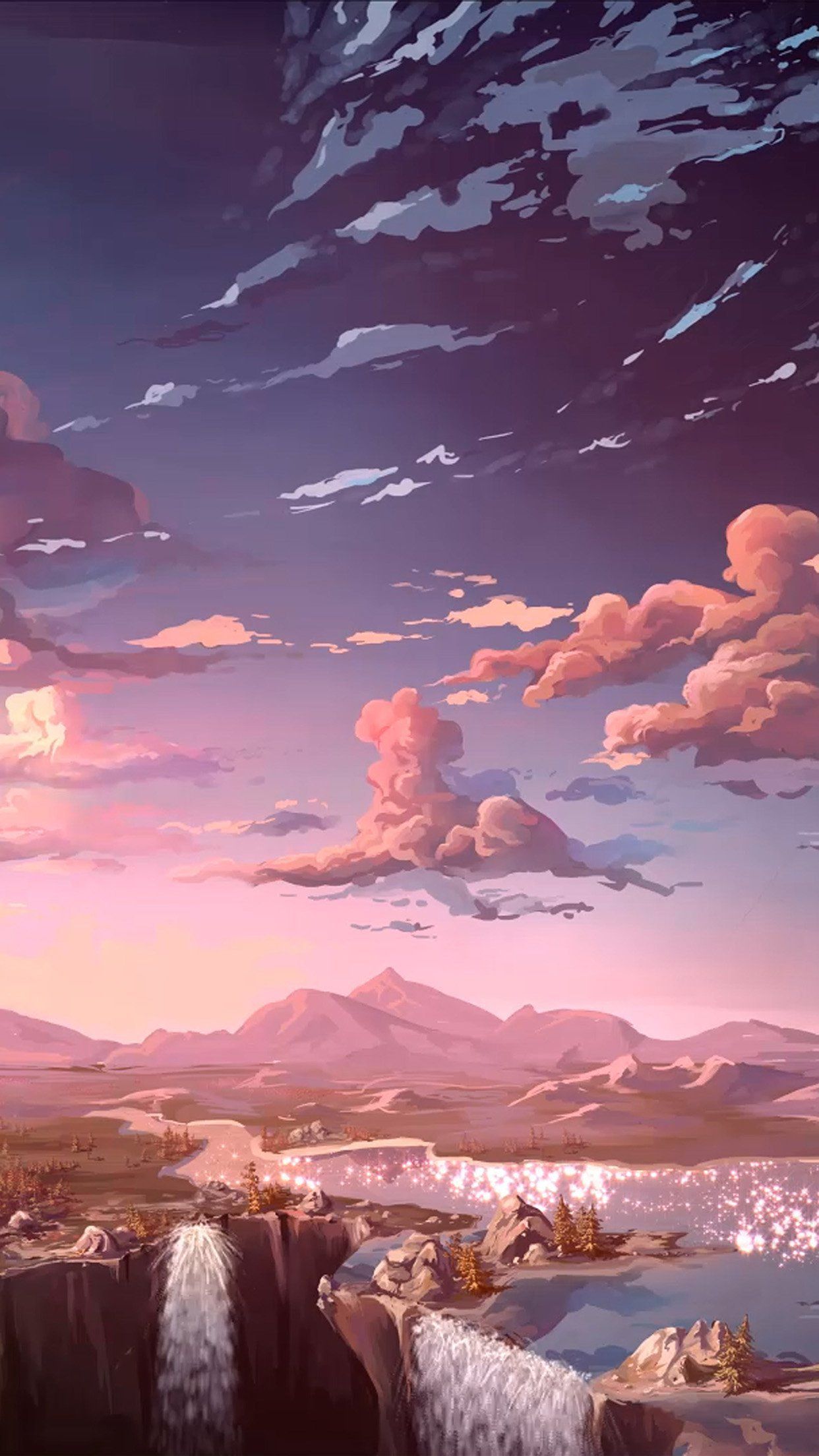 Paesaggio anime cascate rosa, 1242x2208 Full HD Verticale, Smartphone