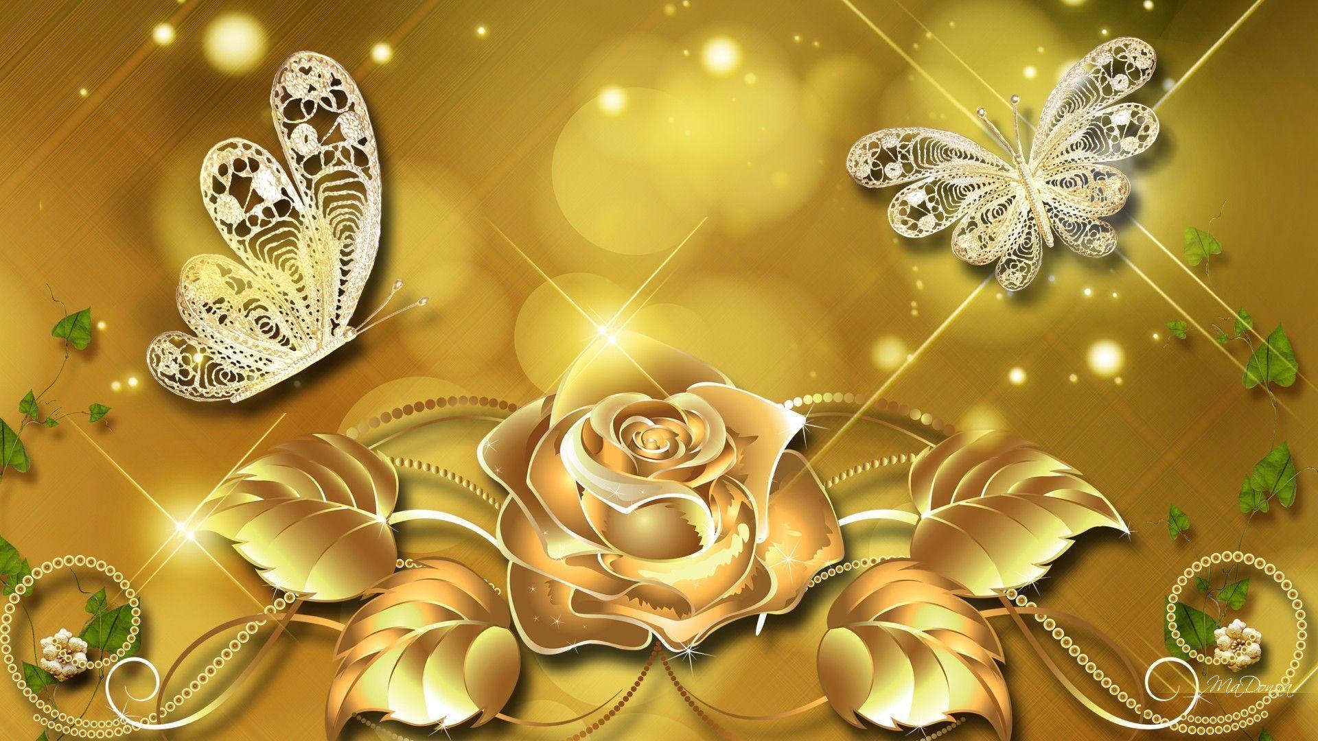 Rosa e farfalle dorate, 1920x1080 Full HD 1080p, Desktop
