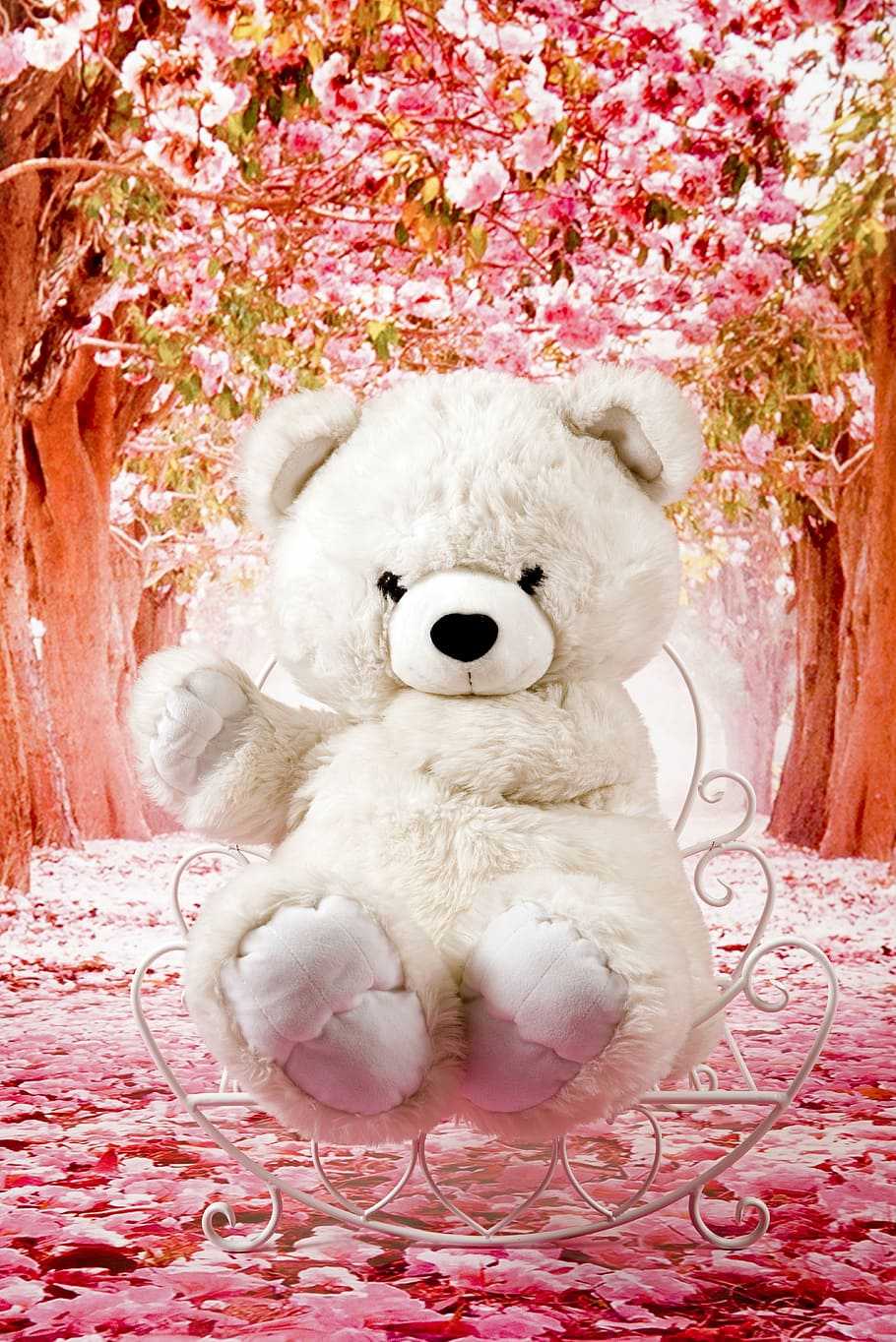 Orsetto peluche bianco tra fiori rosa, 910x1364 Full HD Verticale, Samsung Galaxy
