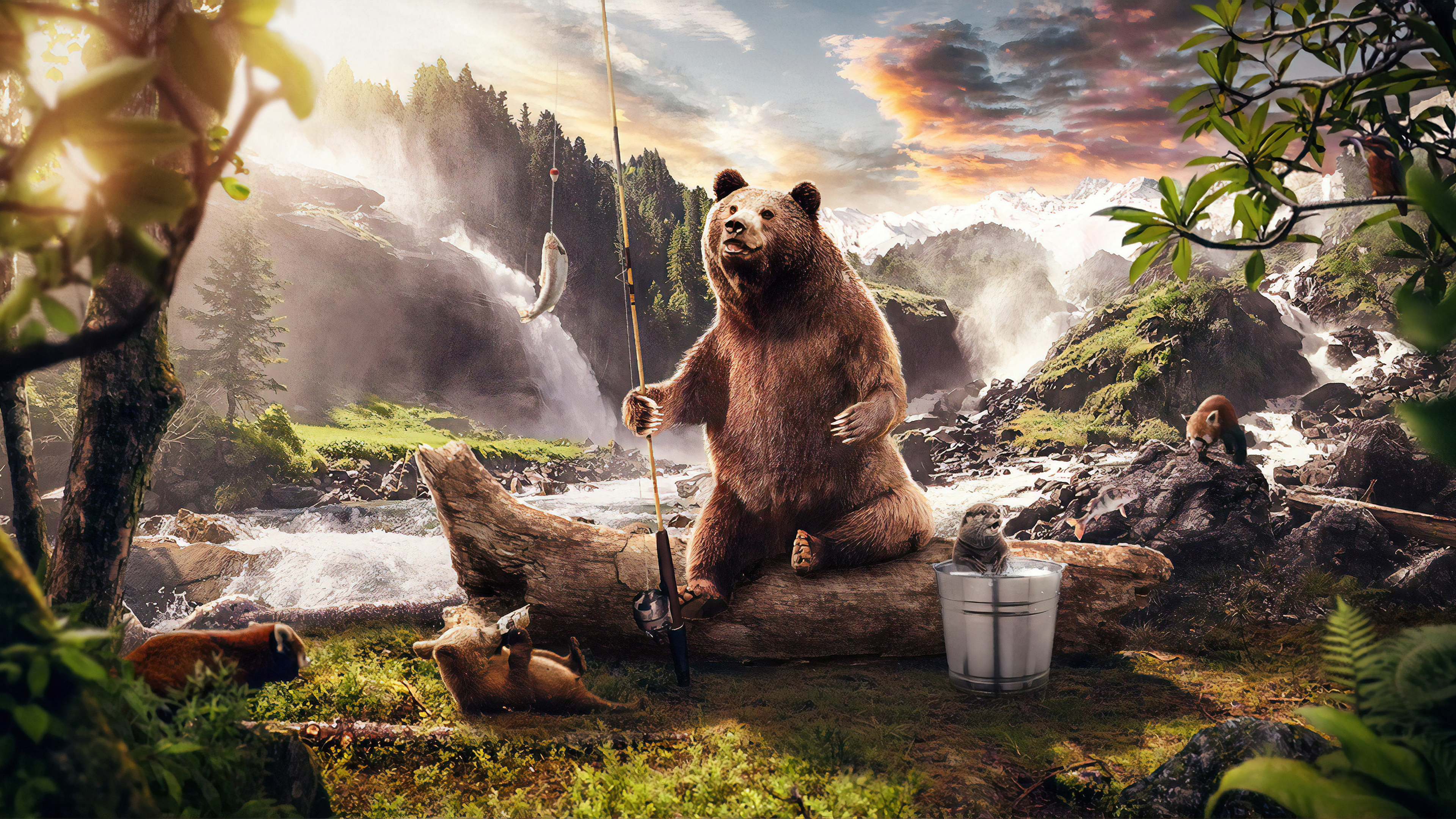 Orso pesca vicino cascata, 3840x2160 4K Ultra HD, Monitor 4K