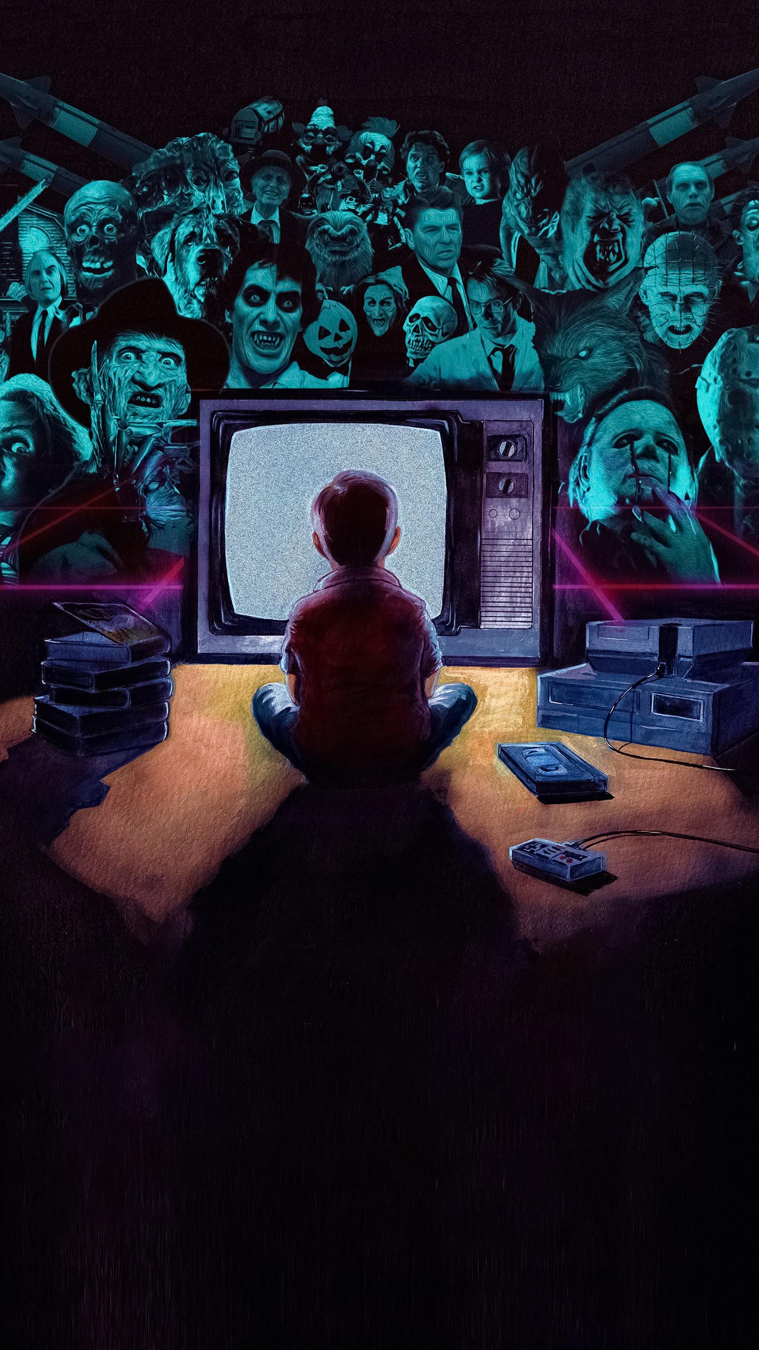 Bambino guarda TV mostri horror, 1536x2732 Verticale, Telefono
