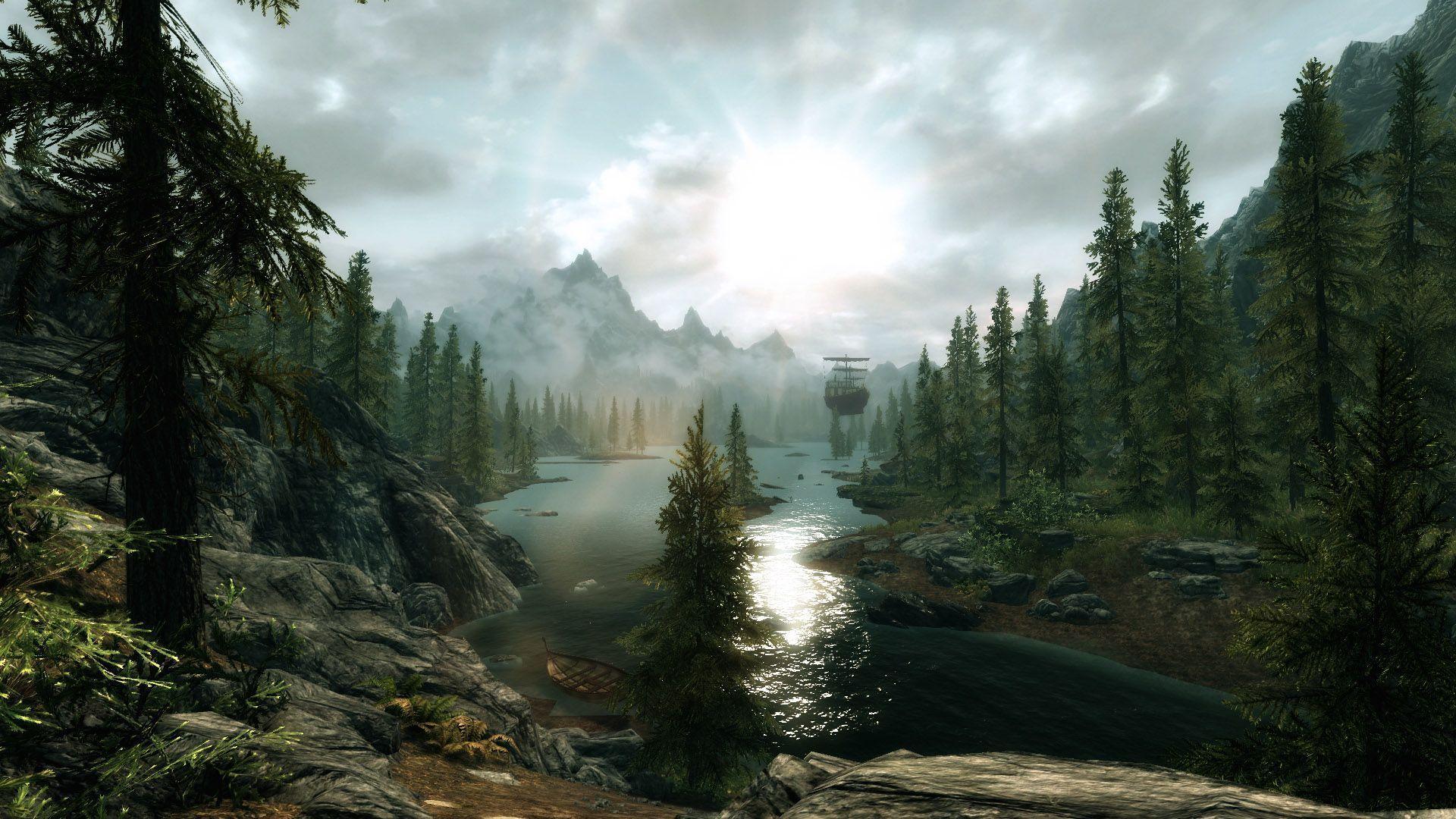 Paesaggio montano Skyrim fiume, The Elder Scrolls, 1920x1080 Full HD, PC