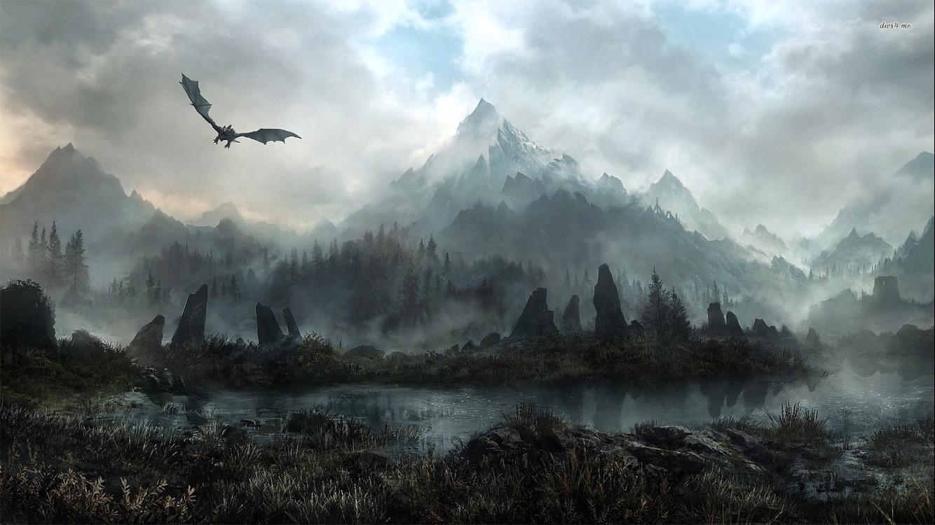 Skyrim drago montagne nebbiose, 1334x750 720p, PC