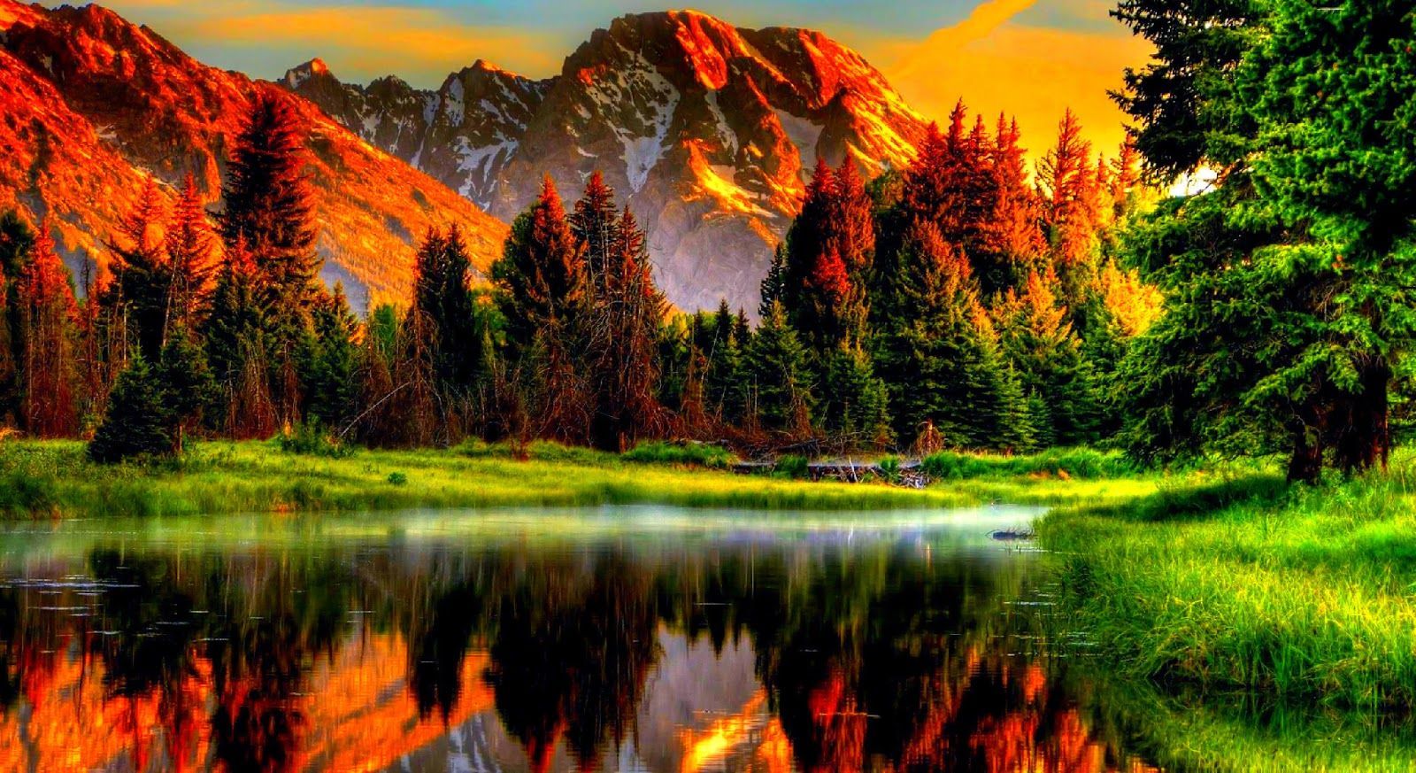 Montagne lago tramonto autunnale, 1600x873 HD Ready, Desktop