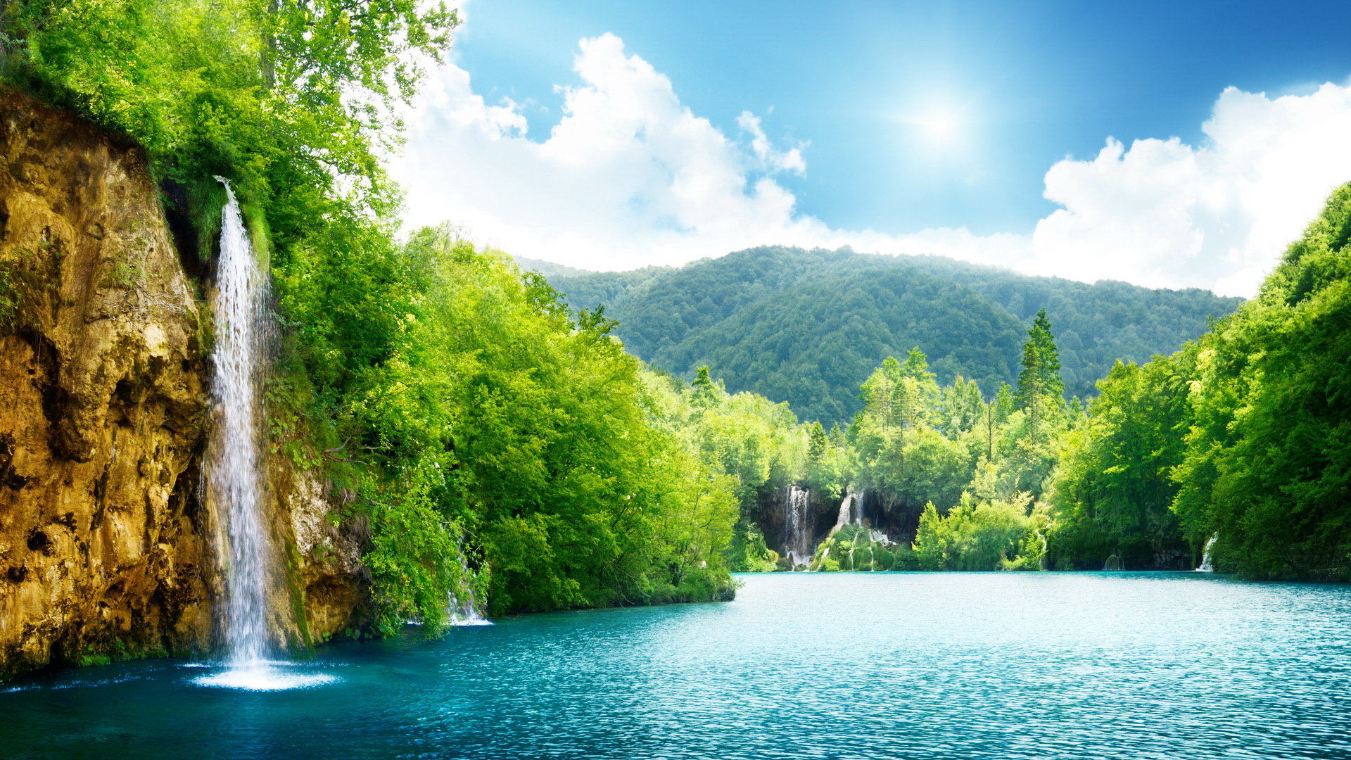 Cascata lago verde montagne, 1920x1080 Full HD 1080p, Desktop