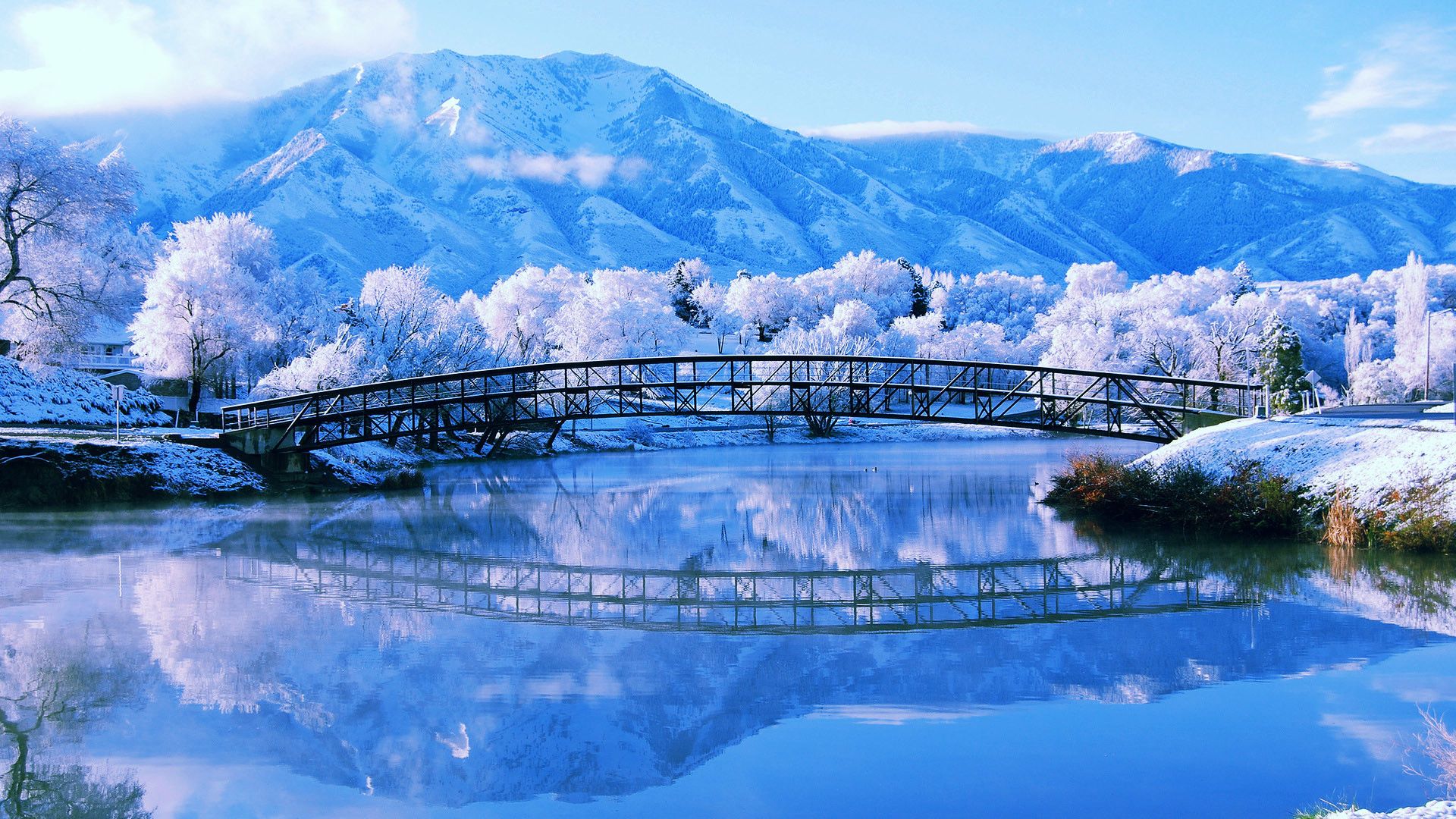 Ponte innevato lago montagna, 1920x1080 1080p, Desktop