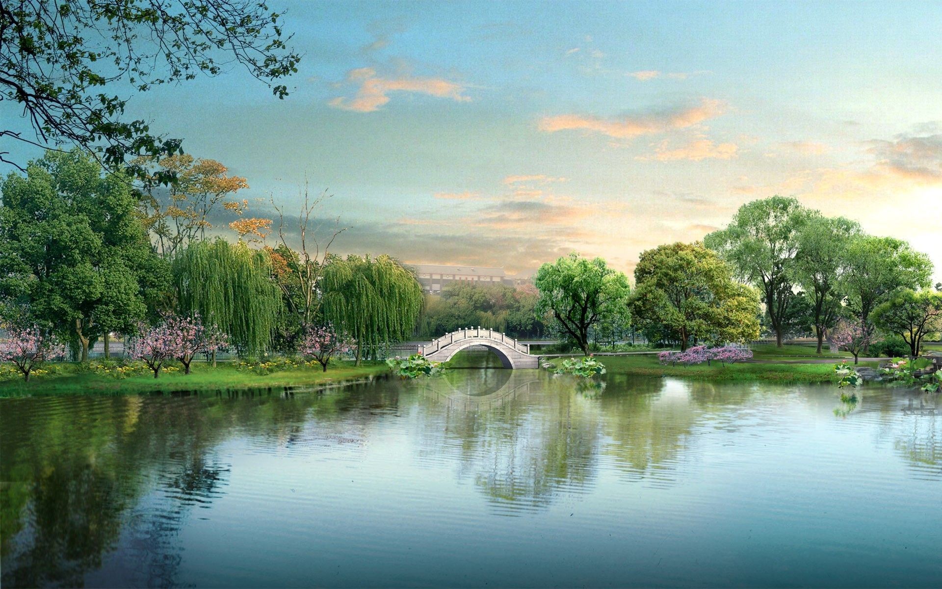 Ponte cinese su lago verde, 1920x1200 WUXGA, PC Desktop