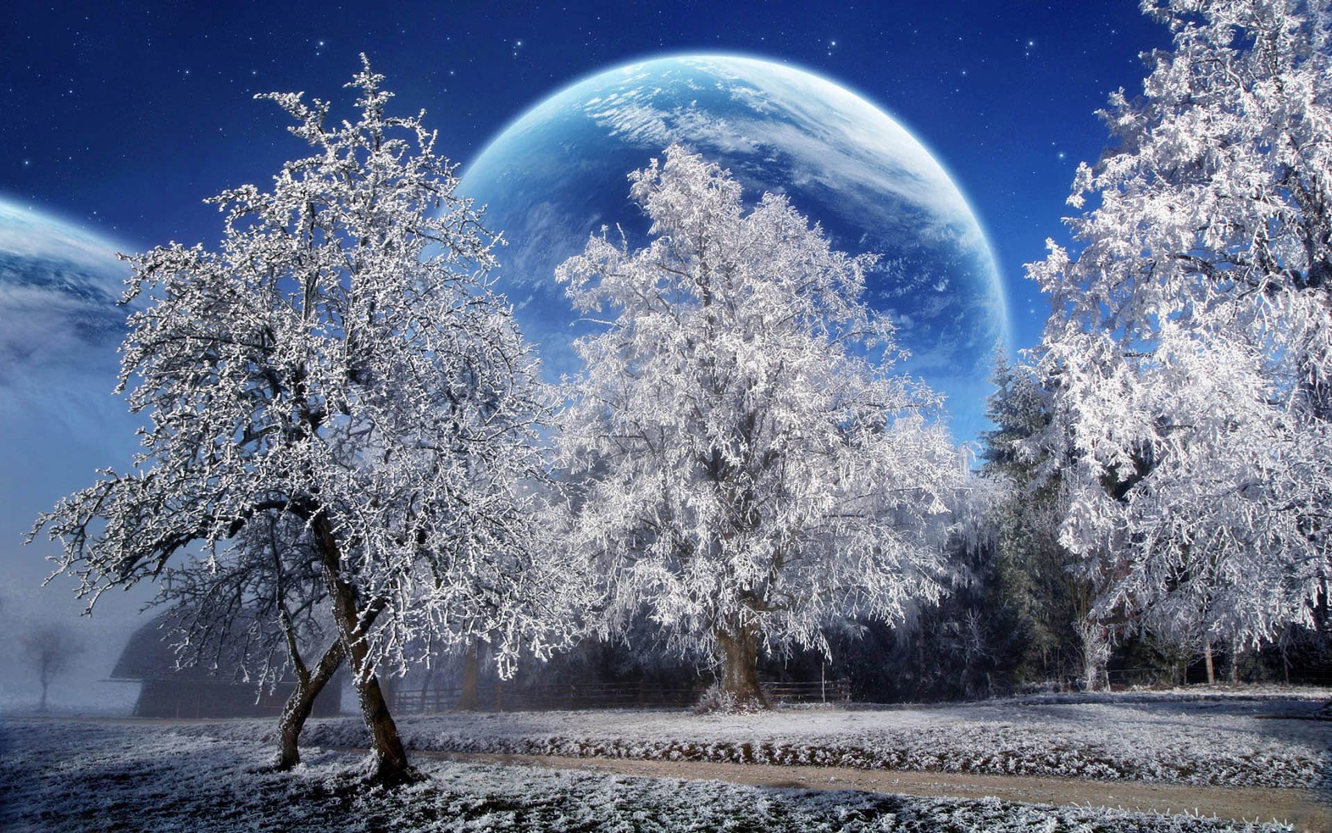 Alberi innevati con pianeta fantasy, 1920x1200 Full HD+, Desktop