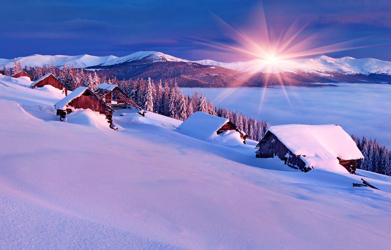 Case innevate al tramonto in montagna, 1332x850 HD, Notebook Gaming
