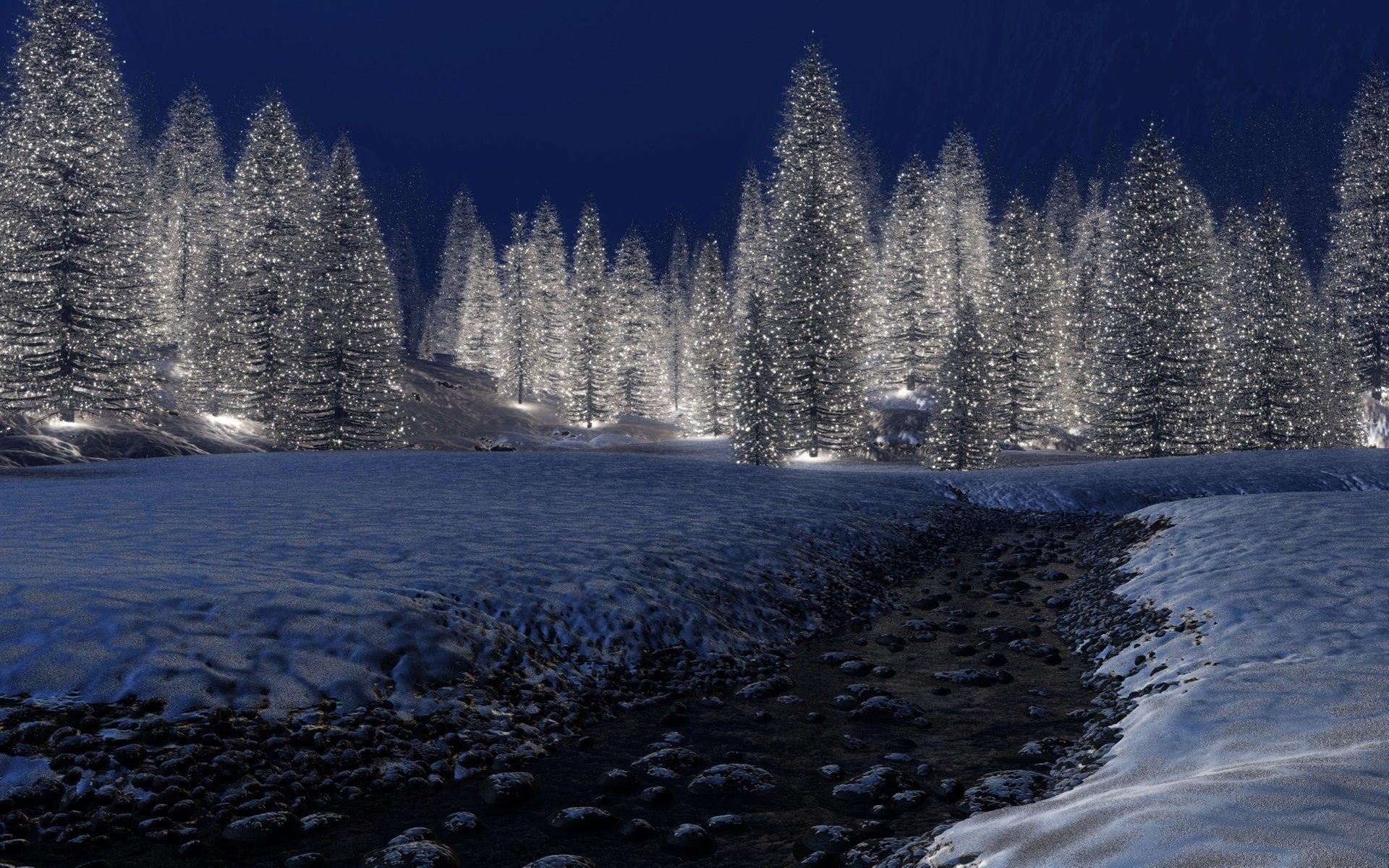 Pini innevati notte, ruscello, 1920x1200 Full HD+, Desktop