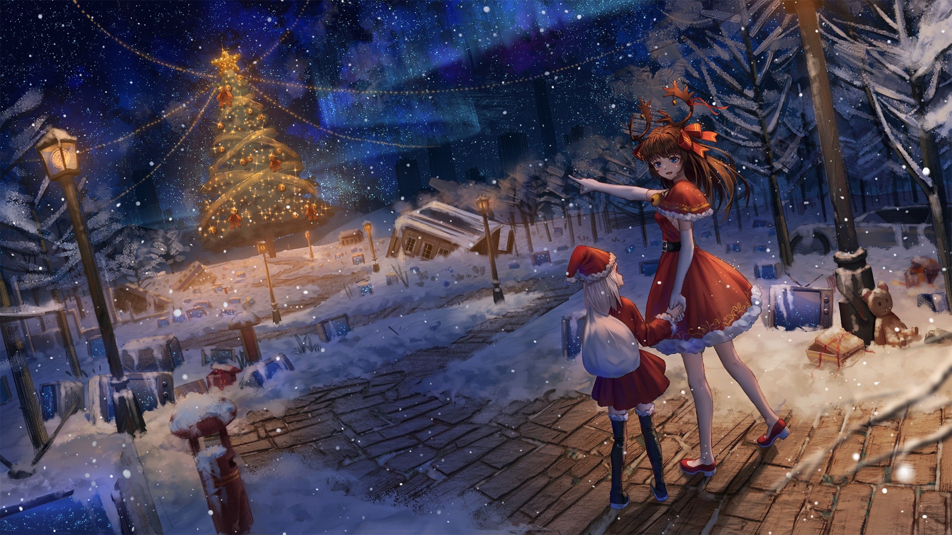 Anime natalizio, neve, albero illuminato, 3840x2160 4K, Desktop 4K