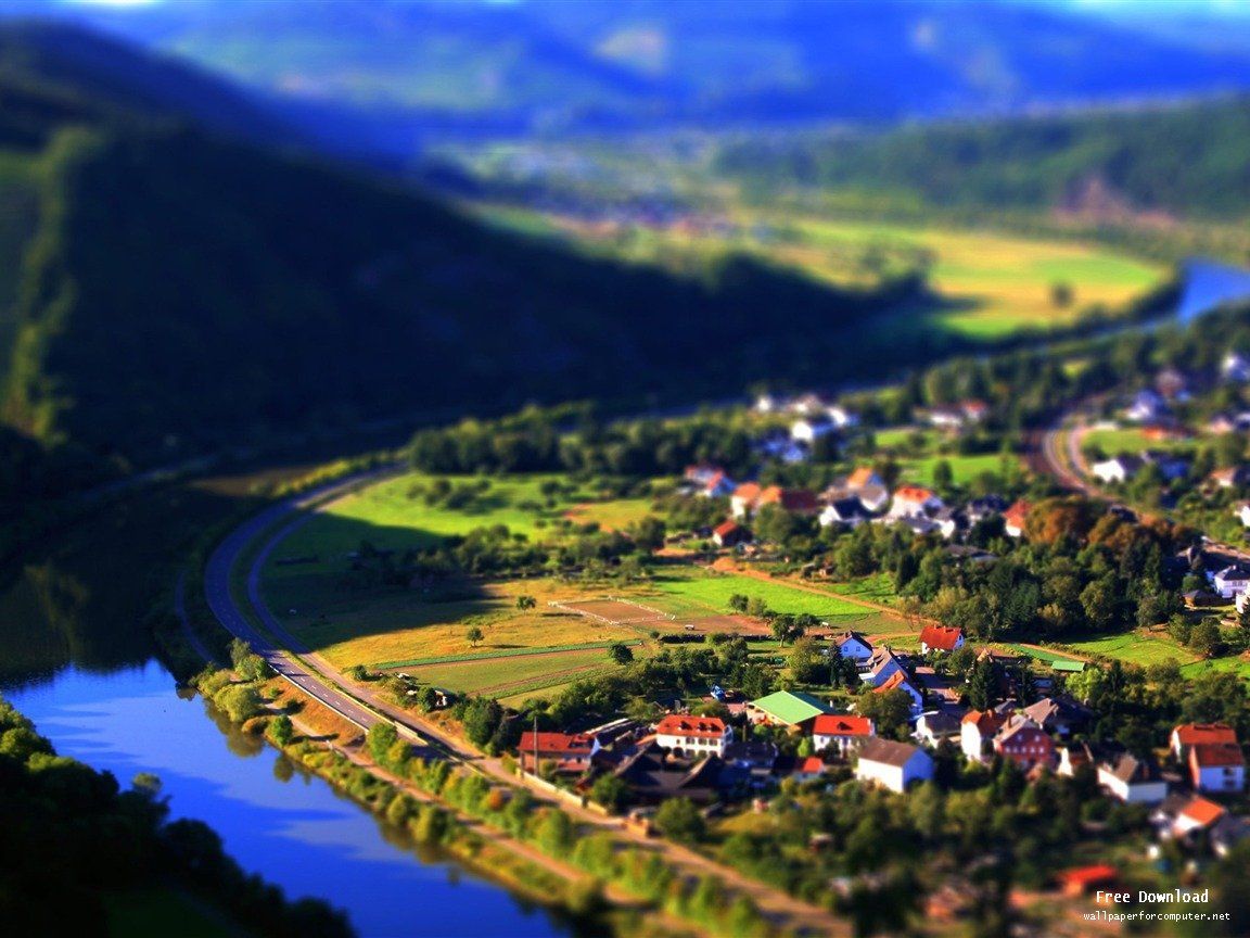 Valle fluviale con villaggio, 1152x864 HD, Desktop