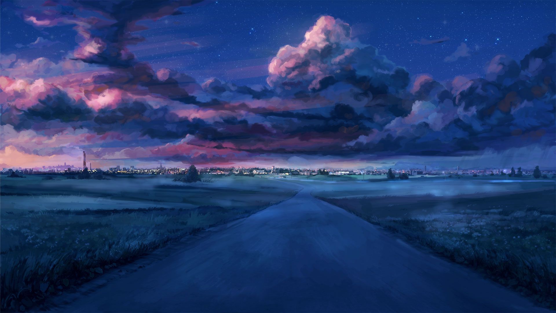 Strada notturna paesaggio anime, 1920x1080 1080p, Desktop
