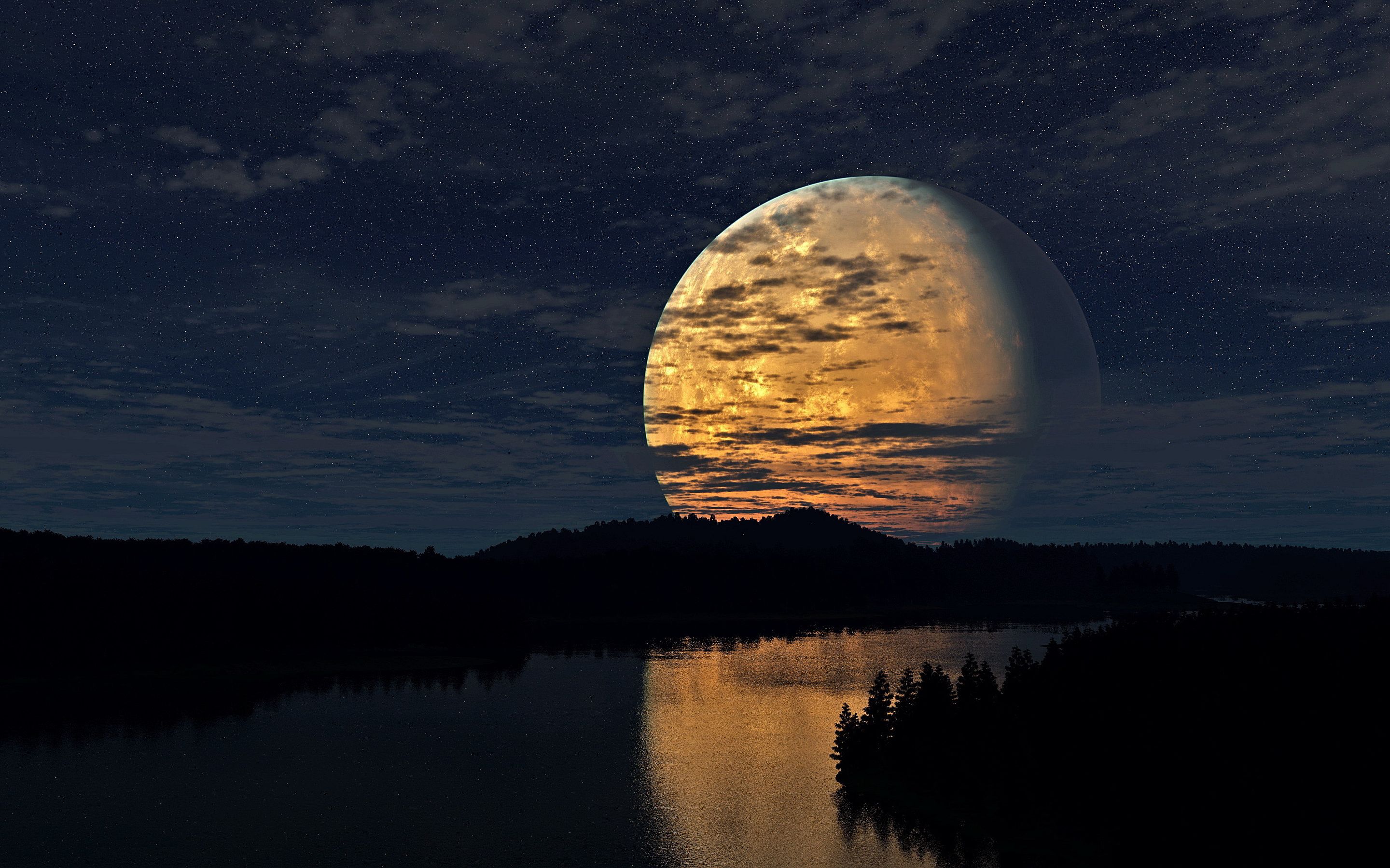 Luna gigante su fiume notturno, 2880x1800 WQXGA, Desktop