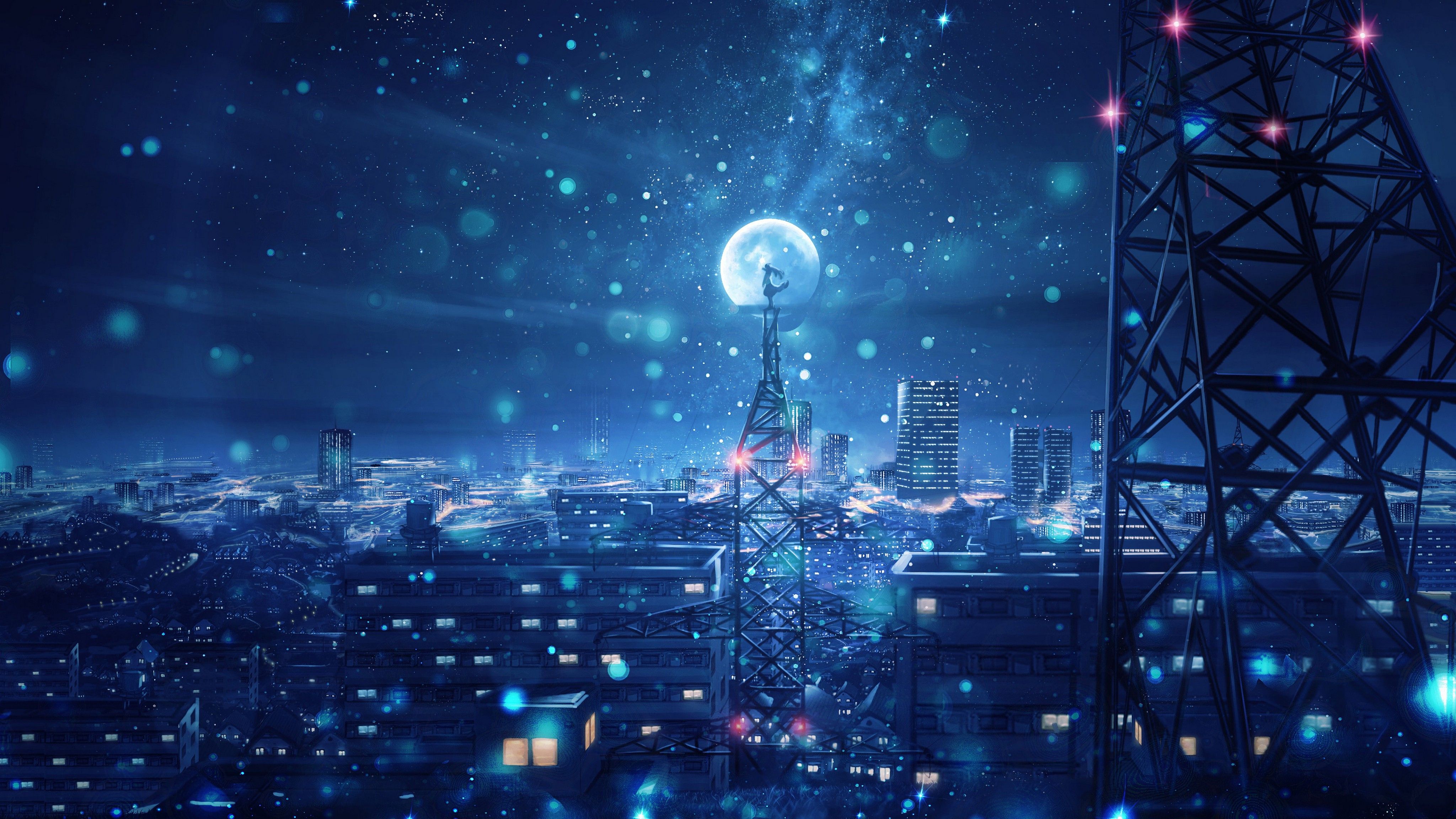 Città notturna con grande luna blu, 4096x2304 4K Ultra HD, Monitor 4K