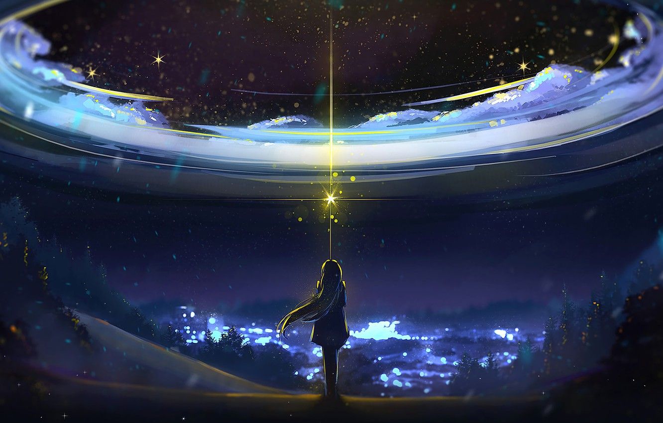 Ragazza sotto anello celeste notturno, 1332x850 HD, Desktop