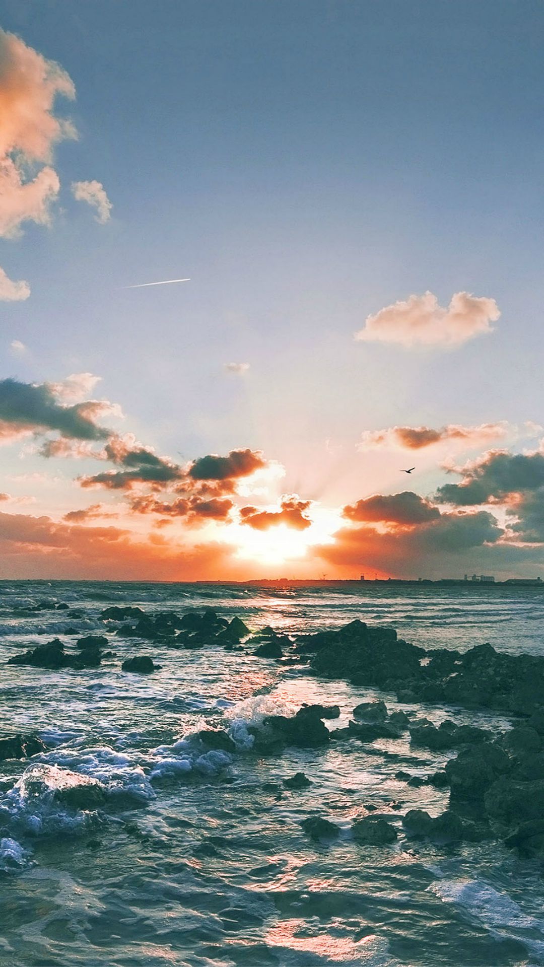 Tramonto sul mare, onde, 1080x1920 Full HD Verticale, iPhone Pro