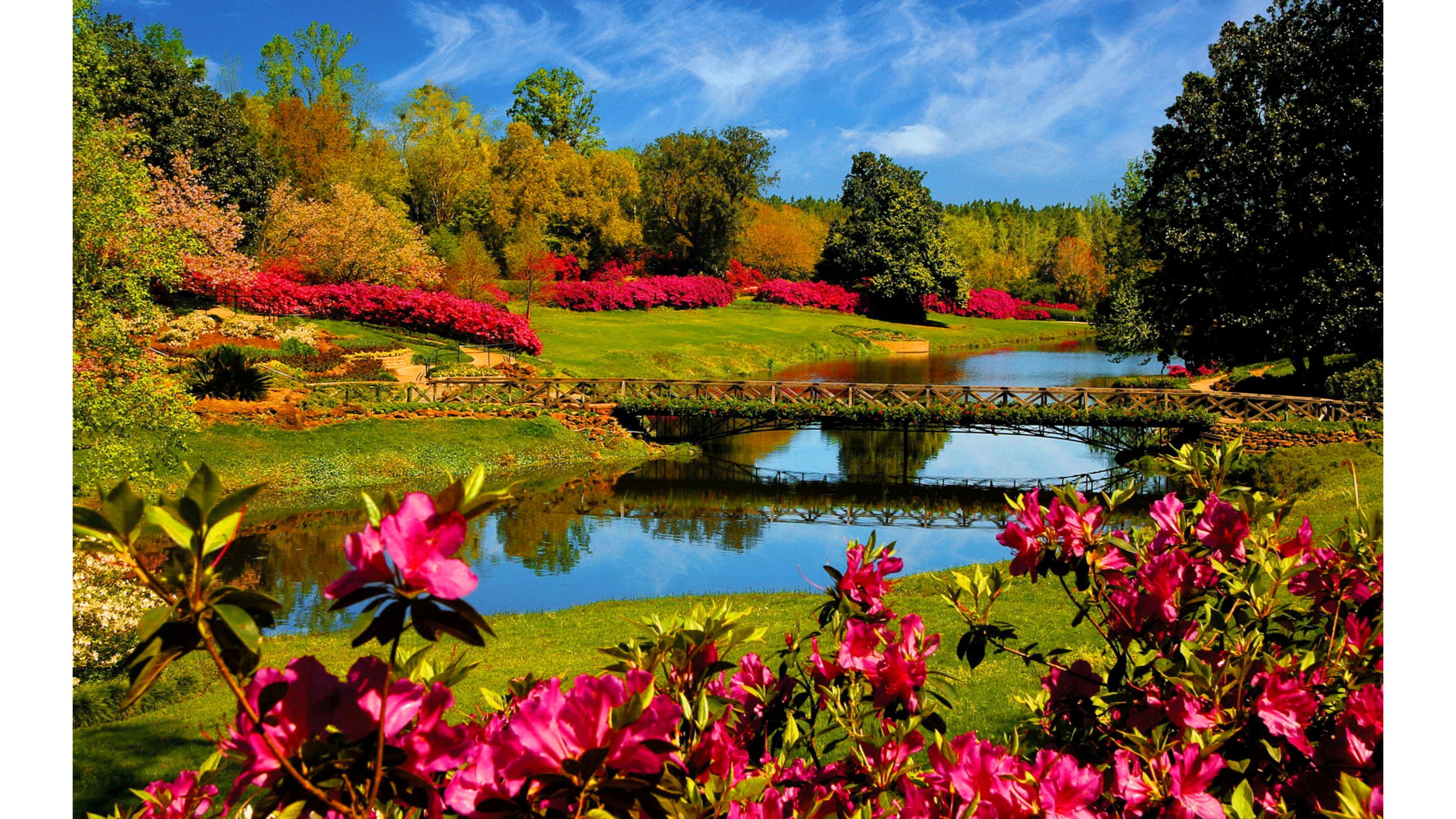 Giardino primaverile con laghetto, 3840x2160 UHD, PC 4K