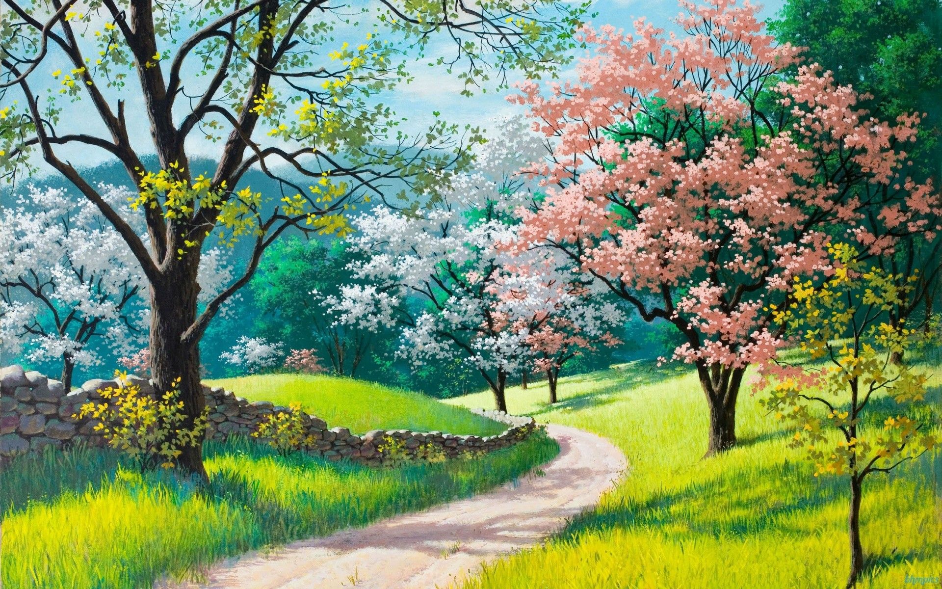 Sentiero primaverile alberi fioriti, 1920x1200 WUXGA, Desktop